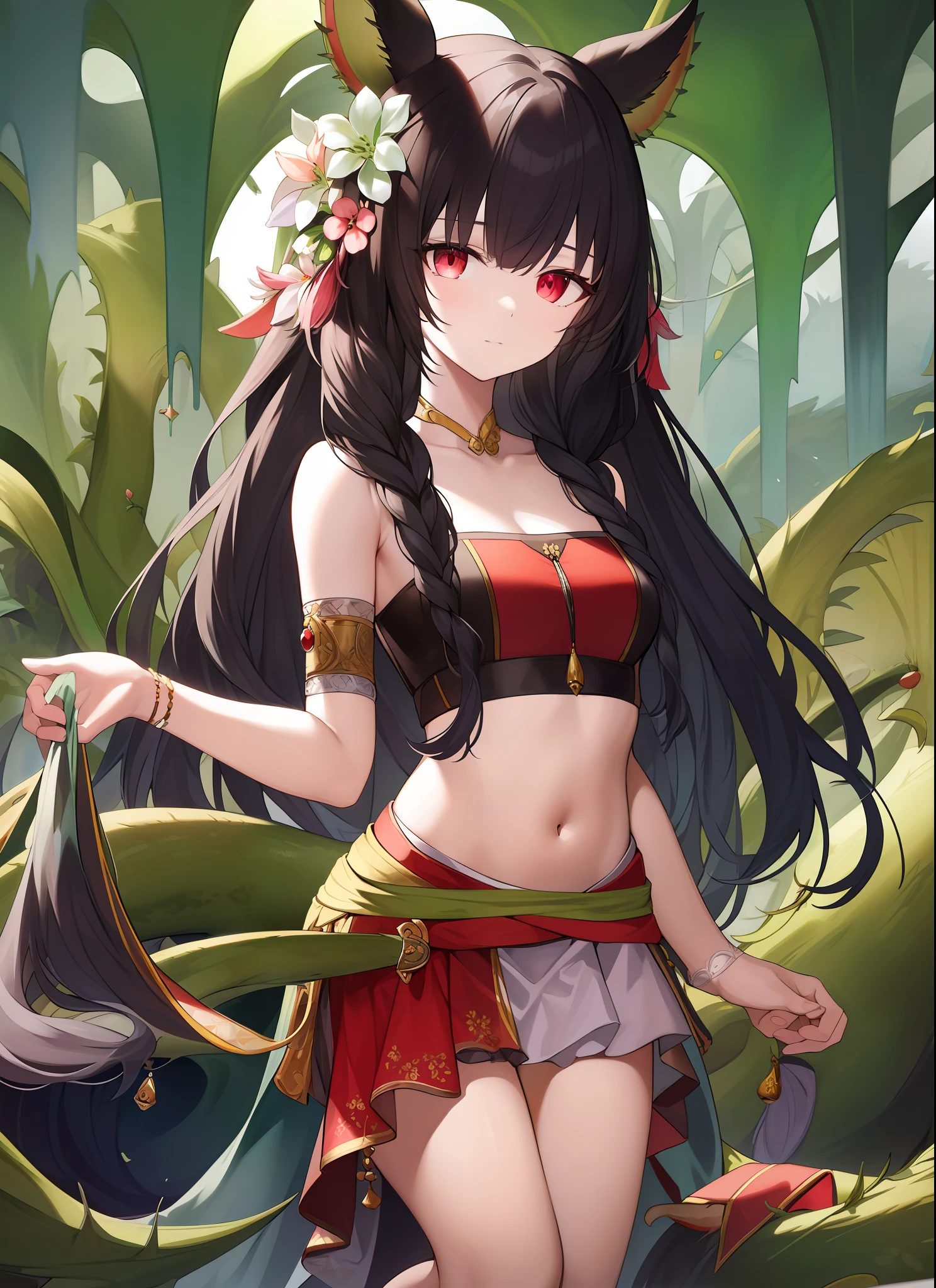traptrixdionaea,Tail,navel, Bare shoulders,hair adornments,Facing the camera,Solo, 1girll,Forest background, Masterpiece,Solo,Beautiful detailed eyes,finedetail,Detailed face,vivd colour,5 fingers,finely detailed,ultra - detailed,The detailed hand,8K,fine detailed beautiful eyes,high-resolution illustrations,Best quality,