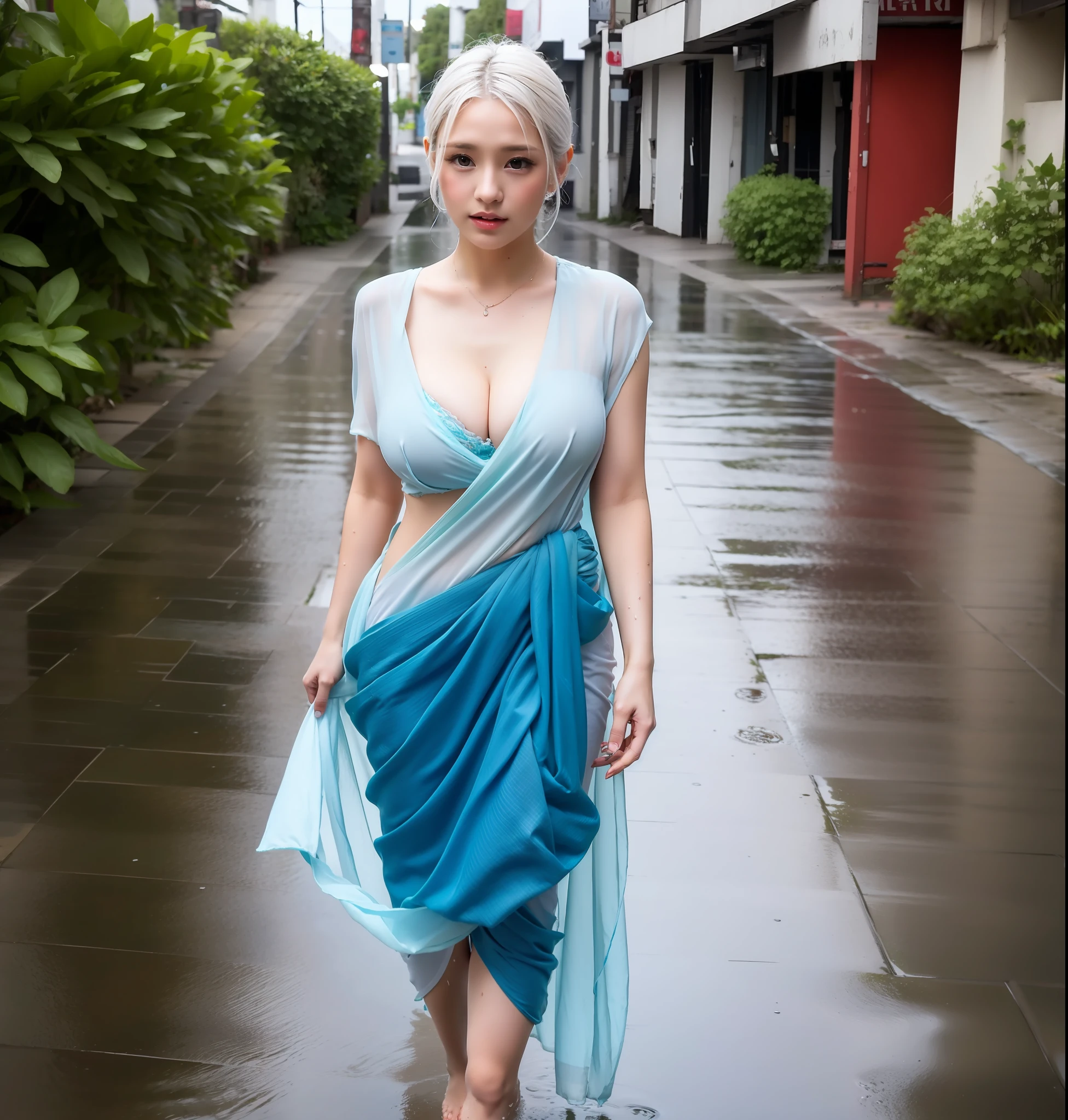 Beautyfull white British girl ever wearing sari,white hair, inside beach,wet body, wet hair, wet clothes, raining outside, standing on rain,streets, big boobs, cleavage,[walking on street]