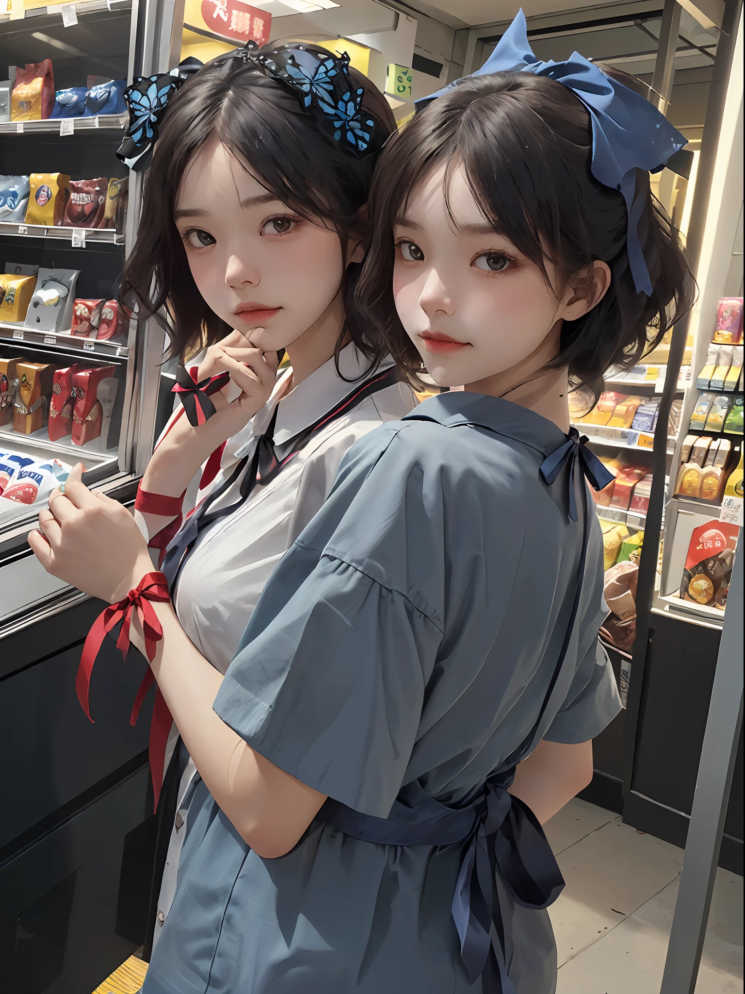 top-quality、​masterpiece、超A high resolution、(Photorealsitic:1.4)、1girl in、Convenience store uniform、enticing、looking in camera、(((shorth hair)))、(((Large ribbon)))、((Ribbon like a butterfly))、Inside a convenience store