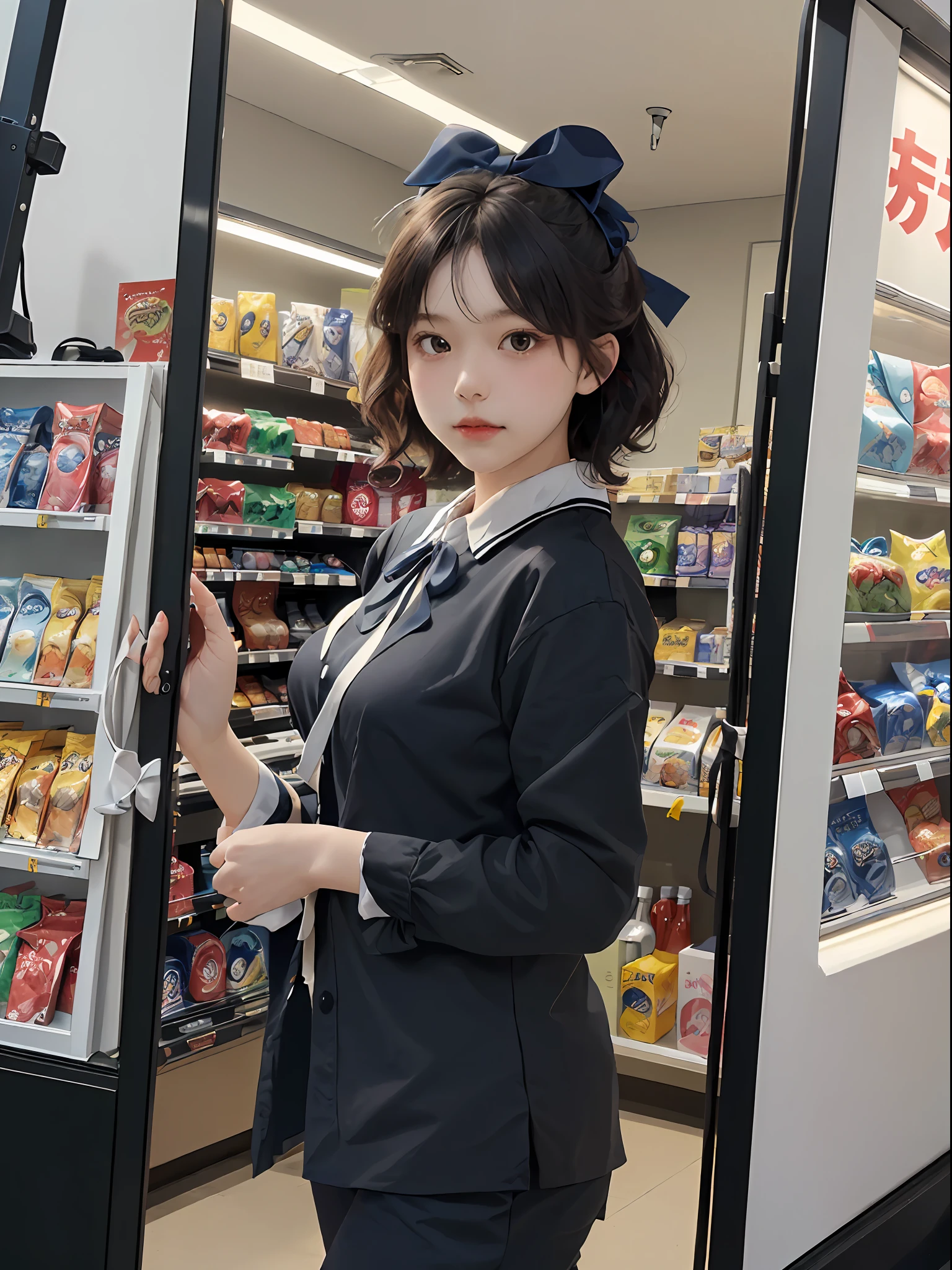 top-quality、​masterpiece、超A high resolution、(Photorealsitic:1.4)、1girl in、Convenience store uniform、enticing、looking in camera、(((shorth hair)))、(((Large ribbon)))、((Ribbon like a butterfly))、Inside a convenience store