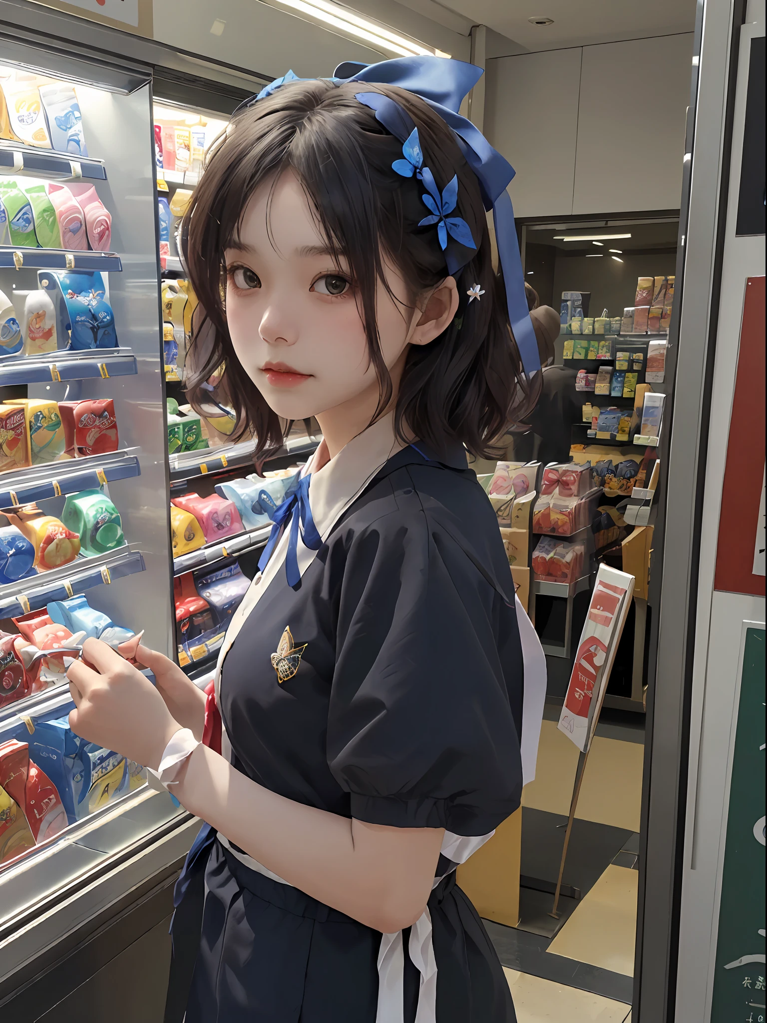 top-quality、masterpiece、超A high resolution、(Photorealsitic:1.4)、1girl in、Convenience store uniform、enticing、looking in camera、(((shorth hair)))、(((Large ribbon)))、((Ribbon like a butterfly))、Inside a convenience store