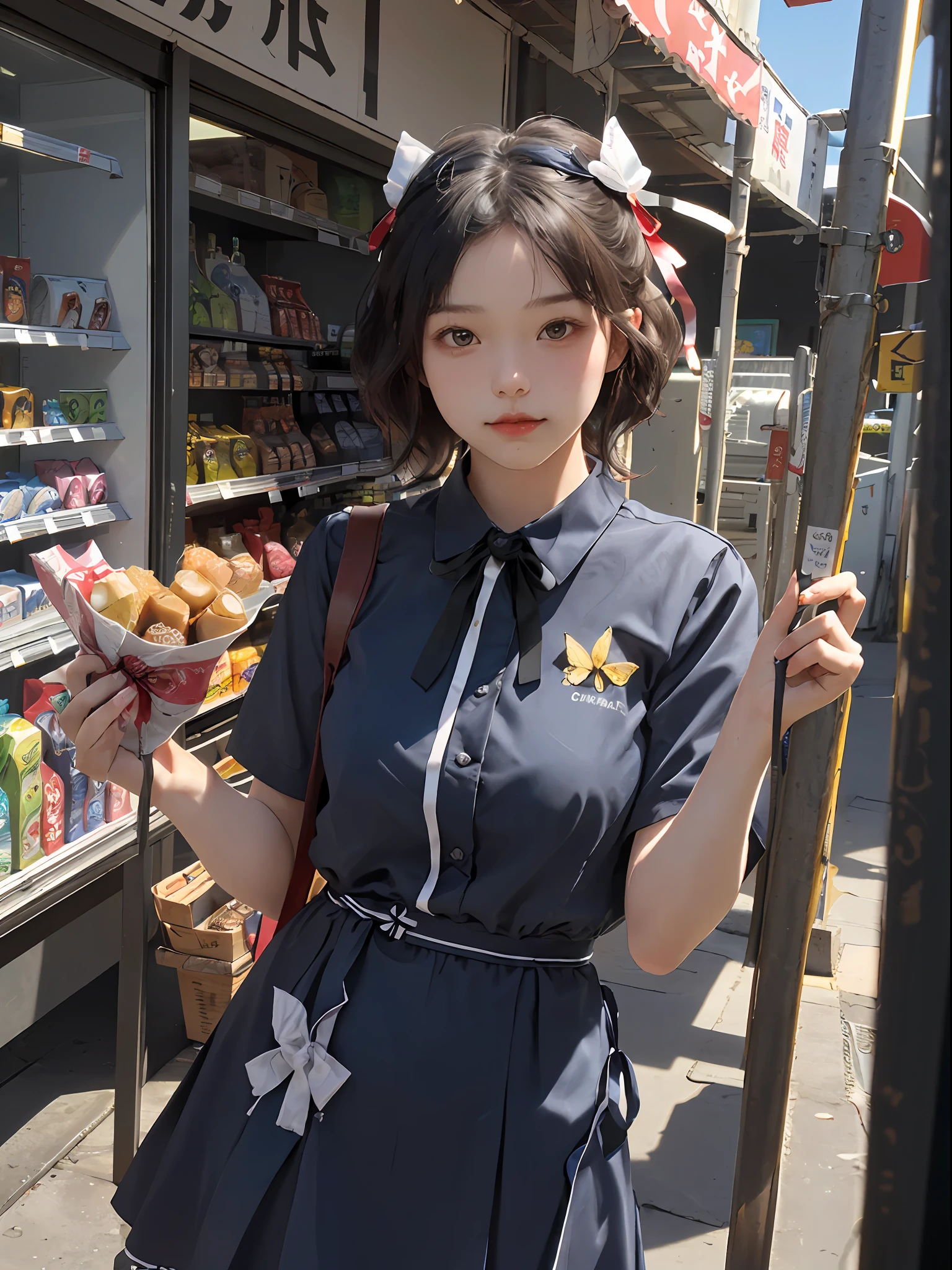 top-quality、​masterpiece、超A high resolution、(Photorealsitic:1.4)、1girl in、Convenience store uniform、enticing、looking in camera、(((shorth hair)))、(((Large ribbon)))、((Ribbon like a butterfly))、Inside a convenience store