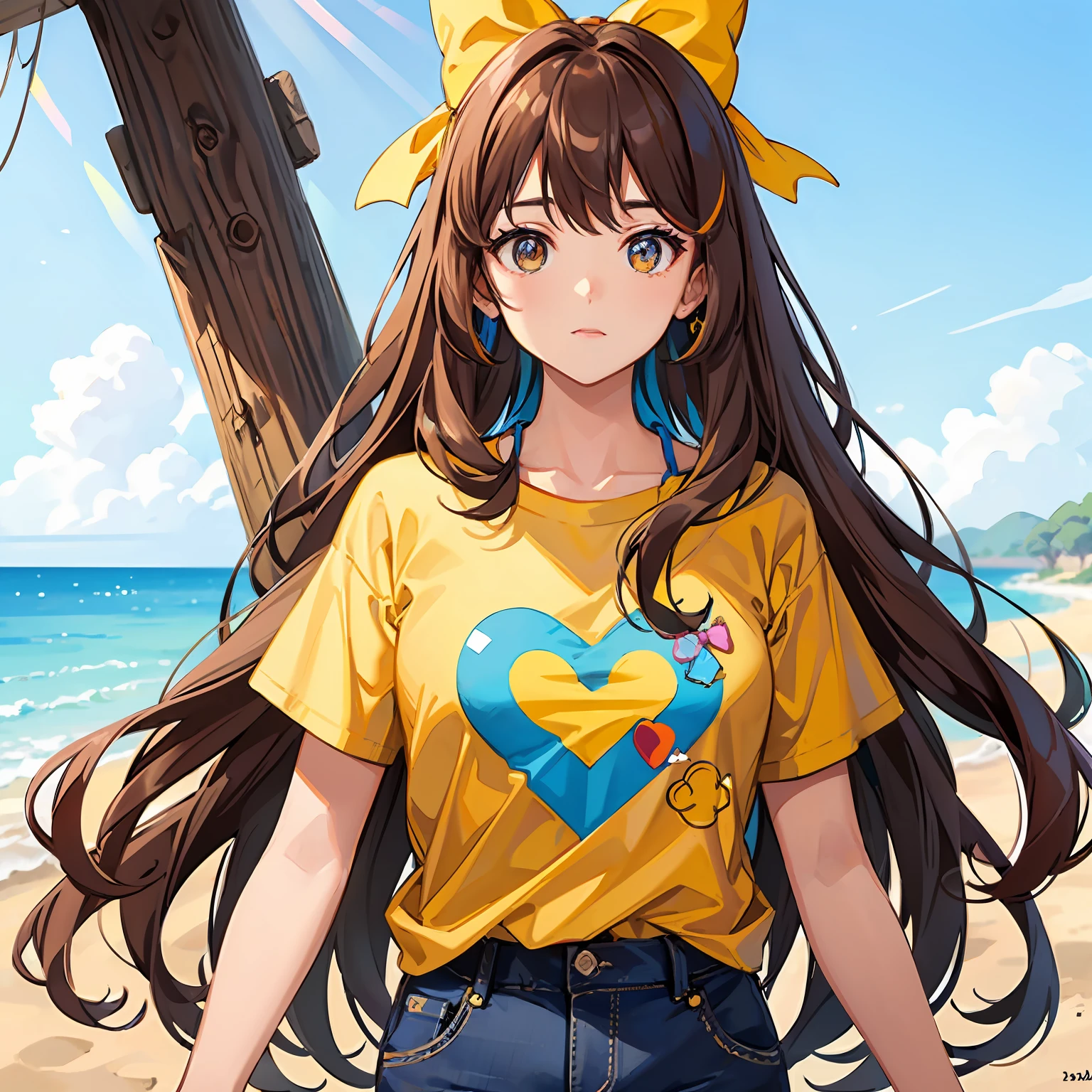 girl, brown hair, multicolored eyes, long light blue pants, yellow t-shirt, wears a bow