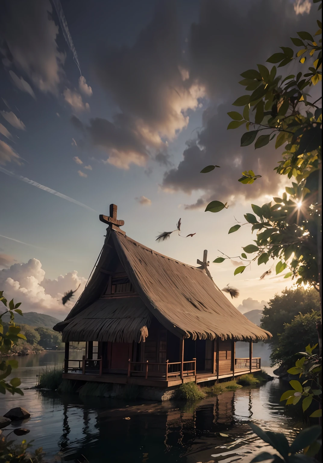 Chinese Ancient Times,autumnal, Daytime light, A simple thatched hut is in the lower right corner of the picture, There is a river in front of the thatched houses, Beautiful and aesthetic hyper-realistic style, detailed meticulous,beautiful with detail, realisticlying, highly detailed, 8K, RAW photogr,naturey,Harmonious composition,a warm color palette,fine art photography