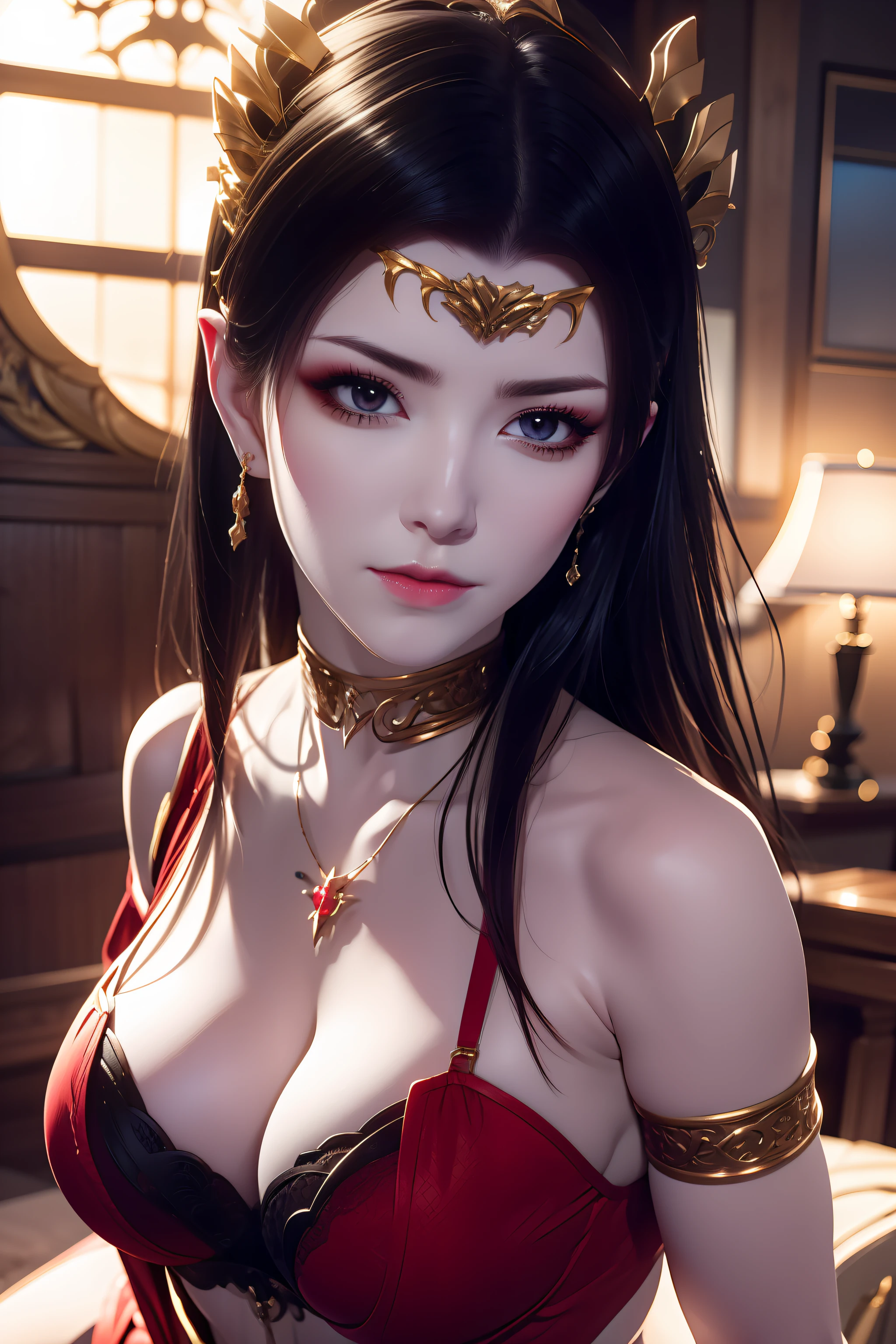 a close up of a woman in a red dress with long hair, beautiful alluring anime woman, a beautiful fantasy empress, inspired by Du Qiong, seductive tifa lockhart portrait, ((a beautiful fantasy empress)), seductive anime girl, beautiful anime woman, glamorous tifa lockheart, beautiful avatar pictures, mai shiranui, lady in pink armor, tifa, (lingerie:1.2), photo realistic, upon_body, tyndall effect, photorealistic, dark studio, rim lighting, two tone lighting, (high detailed skin:1.2), 8k uhd, dslr, soft lighting, high quality, volumetric lighting, candid, Photograph, high resolution, 4k, 8k, Bokeh, breast out, (:0.9), (purple eyes color), (transparent armor:1.0),breast,daylight, sunlight, (chiseled abs : 1.1), (perfect body : 1.1), (short wavy hair : 1.2)