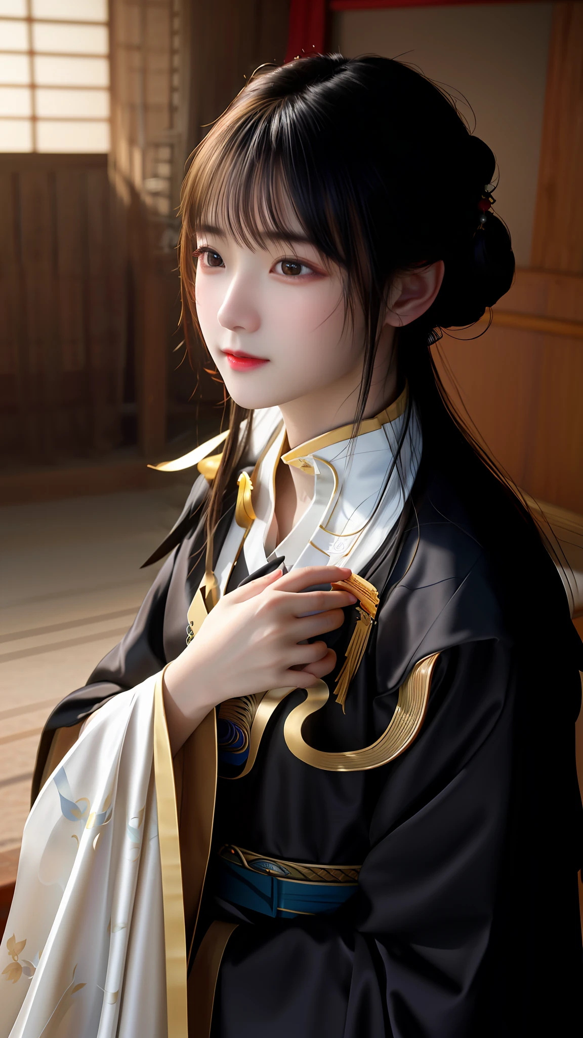 8K,Best quality,Masterpiece,超高分辨率,(Photorealistic:1.4),RAW photo,(Authentic skin texture:1.3),(filmgrain:1.3),lightand shade contrast,Strong light,Dark environment,National style girl whole body,Hanfu