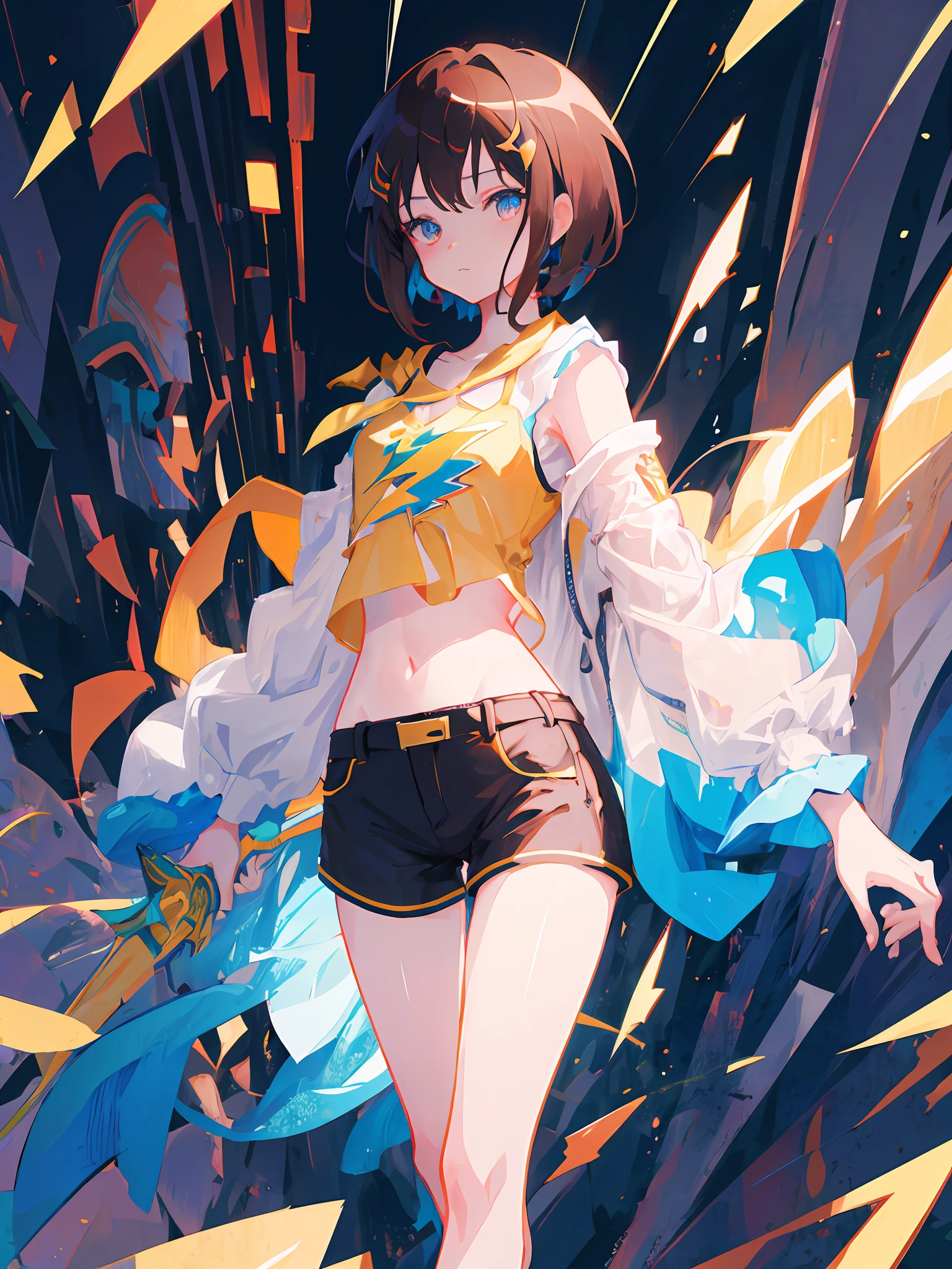 Masterpiece, Best quality, Two-dimensional marshal, Fashionab, Simple and clear, Dismissive face, Don't look at the camera, Holding a bright yellow laser sword(The laser sword emits light), Short brown hair, Thin waist, Thin legs, Super Shorts, Crop top, Girl anime art wallpaper 4K, Anime art wallpaper 4 K, Anime fantasy illustration, style of anime4 K, anime styled digital art, Beautiful anime artwork, Anime art wallpaper 8 K, beautiful anime art style, Best anime 4k konachan wallpaper, Digital anime illustration, Digital anime art,Fantastic psychedelic background with lightning particles lightning --auto