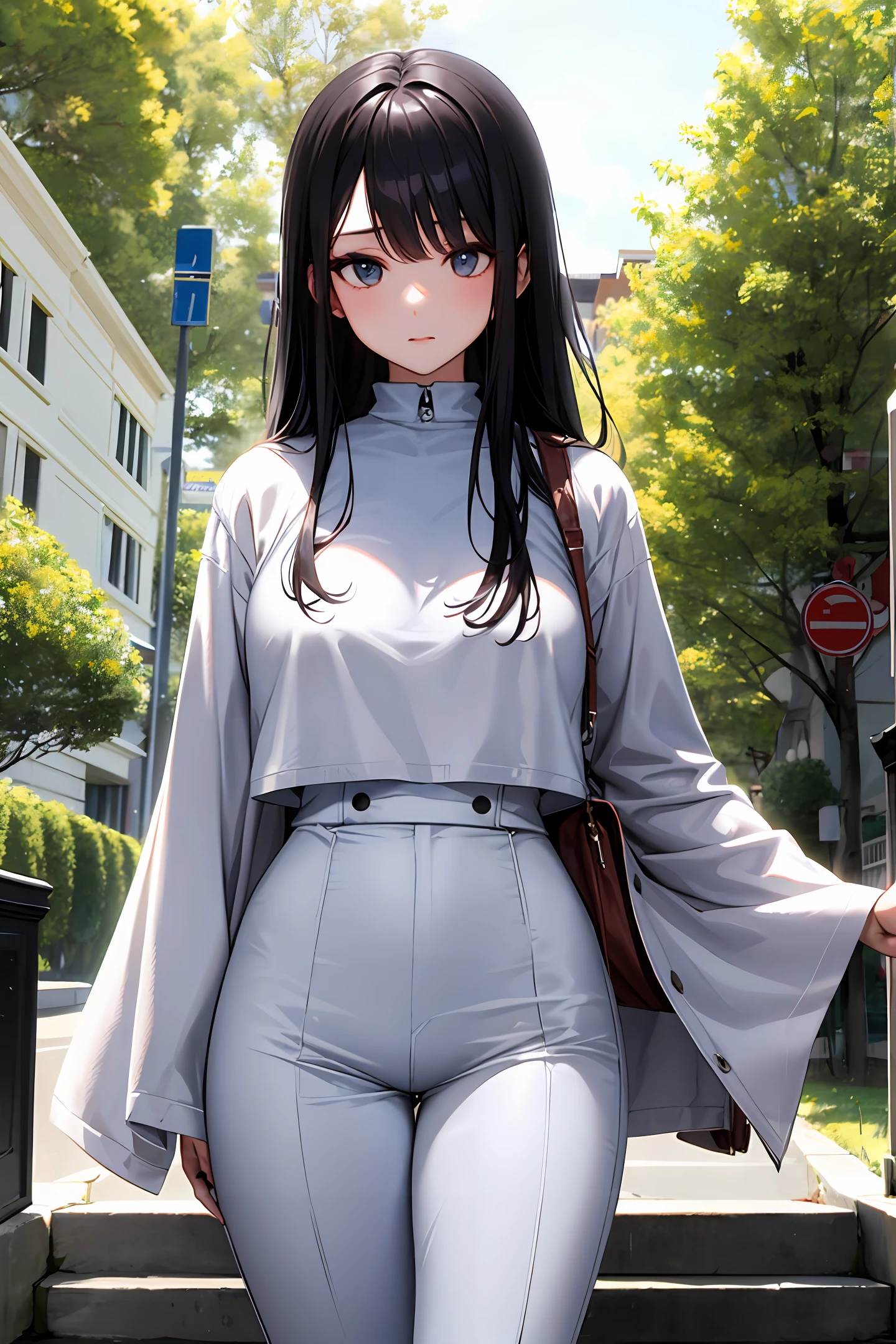 10 meters tall girl white clothes black hair long hair looking down