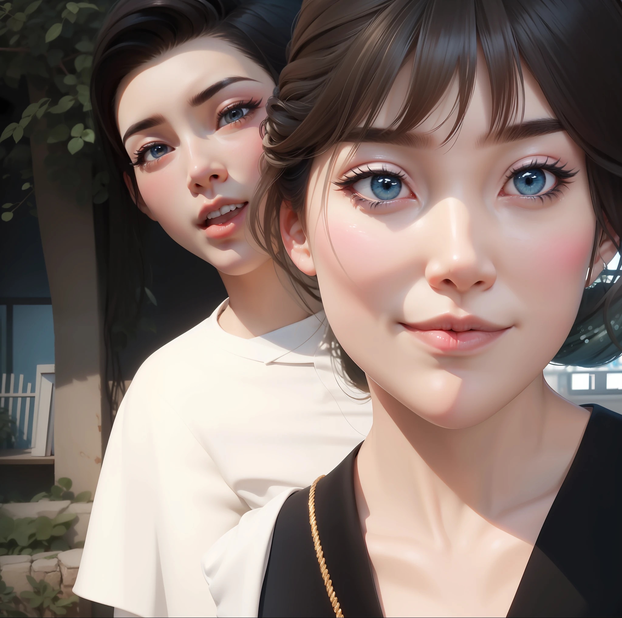 (best qualtiy,Exceptional detail,The most realistic CG scene:1.1),The theme depicts a picture of love,(ember:hair+The long+Beautiful facial features+White color blouse+Dark blue suit:1.2),(female pervert:hair+The long+Beautiful facial features+Fairy skirt+Thin white bands+Romantic gestures),Dusk curtain,Romantic candlelight,Breath of love,Subtle and moving,The watercolor style is tear-jerking。