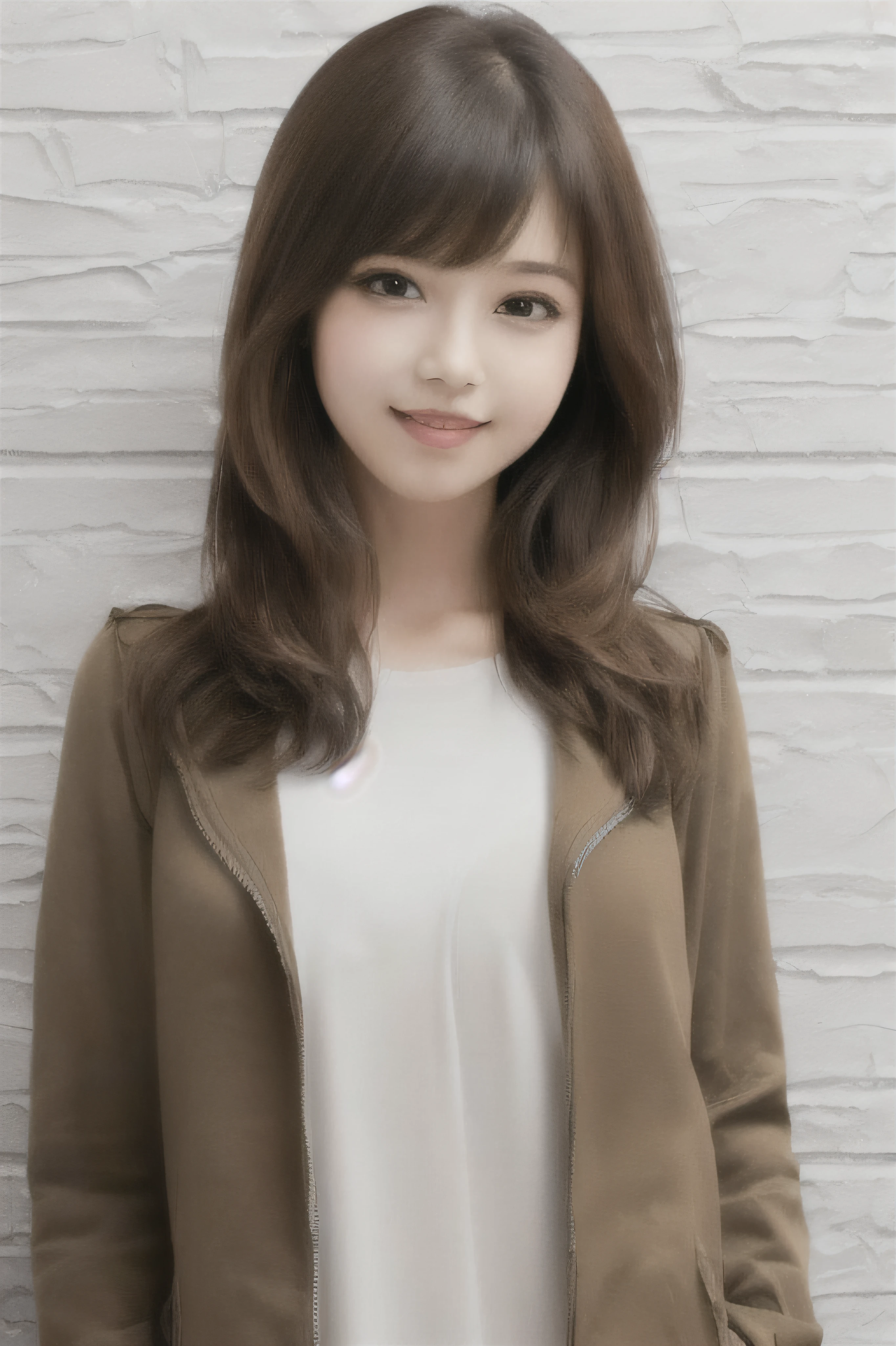 1girll, Crowd street, natural lightting, Best quality ,Masterpiece, illustration, An extremely delicate and beautiful, Extremely detailed ,CG ,Unity ,8K wallpaper, Amazing, finedetail, Masterpiece,Best quality,offcial art,Extremely detailed Cg Unity 8K wallpaper,absurderes, unbelievable Ridiculous, hugefilesize , Ultra-detailed, A high resolution, Extremely detailed, Beautiful detailed girl, Extremely detailed eyes and face, Beautiful detailed eyes, (RAW photo, Best quality), (Realistic, photo-realistic:1.3), light in face, full body, full body shot of, Black jacket, ((Triangular faces)), (Light brown hair:1), Long hair, (Save the eyes),((Puffy eyes)), (((Small breasts))), ((Fantasy breasts)), (Kpop idol), (aegyo sal), bangs, ((Wall background)), blank wall, Skinny, ((posing on a)), (Smiling), Happy, view the viewer, facing front