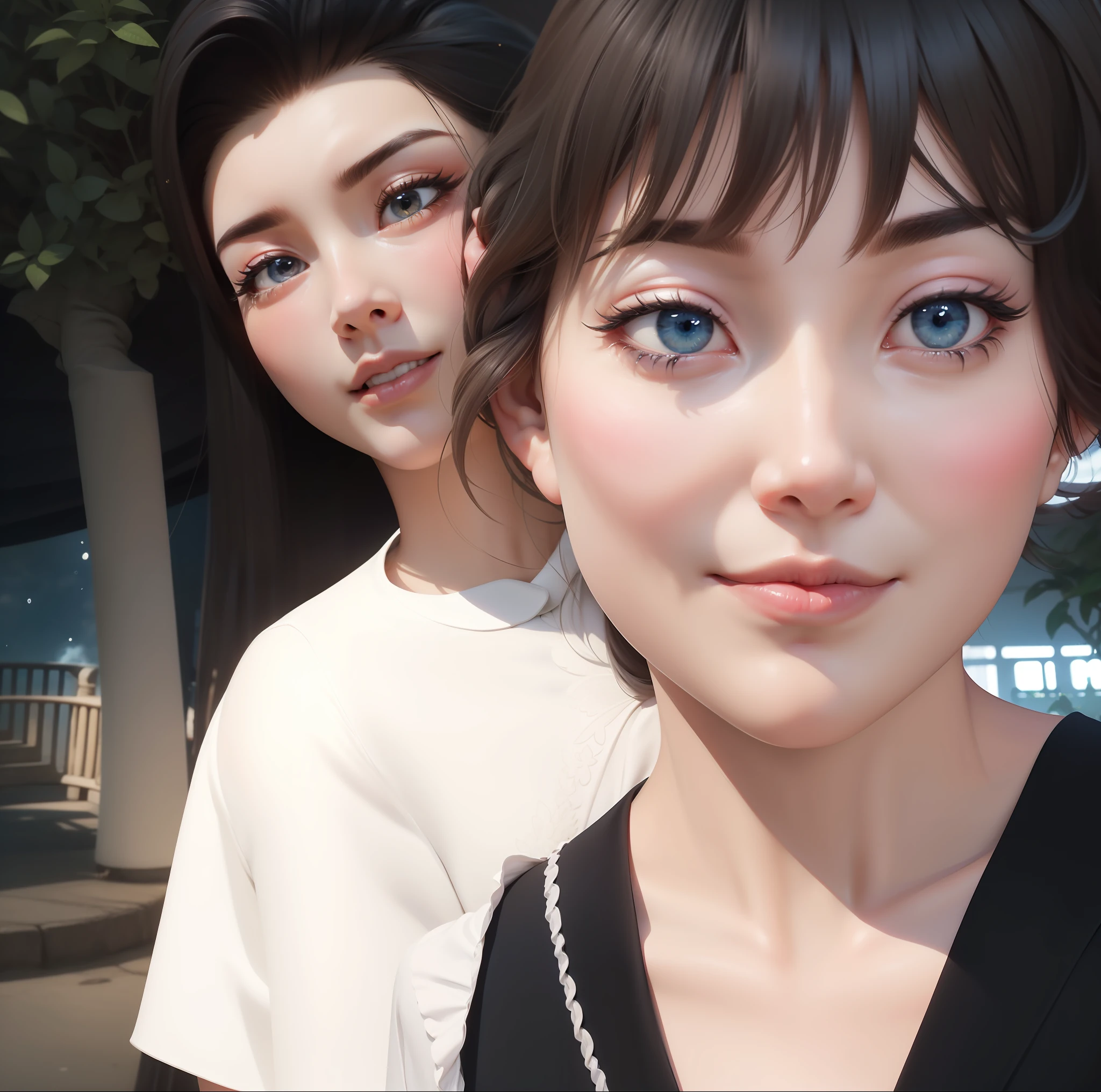 (best qualtiy,Exceptional detail,The most realistic CG scene:1.1),The theme depicts a picture of love,(ember:hair+The long+Beautiful facial features+White color blouse+Dark blue suit:1.2),(female pervert:hair+The long+Beautiful facial features+Fairy skirt+Thin white bands+Romantic gestures),Dusk curtain,Romantic candlelight,Breath of love,Subtle and moving,The watercolor style is tear-jerking。