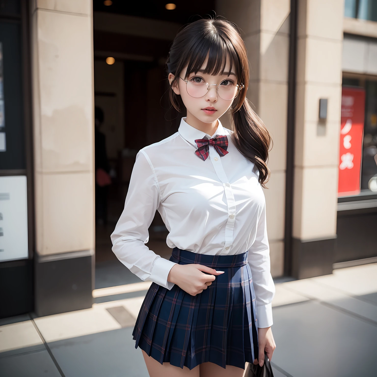 （8K、Raw photography、top-quality、​masterpiece：1.2),Parting the bangs from the middle、Forehead visible,(Tight eyes,Bullish,skinny,Rasping,irate,small tits,flat breast)、​masterpiece,top-quality、超A high resolution,Raw photo,ren,Beautiful fece,One Person, 独奏,eye glass,,Dark look,Small breasts,fullllbody,Round glasses、cute little、A Japanese Lady,is standing,(Tight eyes,Bullish,skinny,Rasping,irate,small tits,flat breast)、（Photorealsitic：1.37）、Photon mapping,Light blue ribbon,Realistic、Cute little face,Brown-eyed、Black socks、(Red bow tie)、Radio City、Physically Based Rendering、Foreground、depth of fields、Blurry background、a picture,The girls、Body, Long legs, Thin leg, poneyTail,(Bangs are visible), hair, s lips, Blue_The eye, nosesoft,  Light blue bra shows through,White shirt, Navy blue and white plaid pleated skirt, Sheer clothing,, Thigh, Black cotton socks,Nogizaka Idol, 女優, Japanese ido