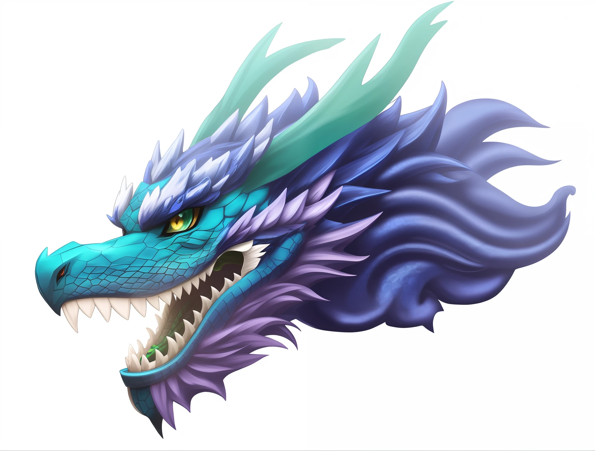 Draw a blue dragon head and a green mane, cyan chinese dragon fantasy, Dragon Head, Blue dragon, well designed female dragon head, smooth chinese dragon, sleek dragon head, Dragon face, chinese dragon concept art, Dragon Head!, blue scaly dragon, long dragon, Chinese Dragon, dragon portrait, as an anthropomorphic dragon, water dragon