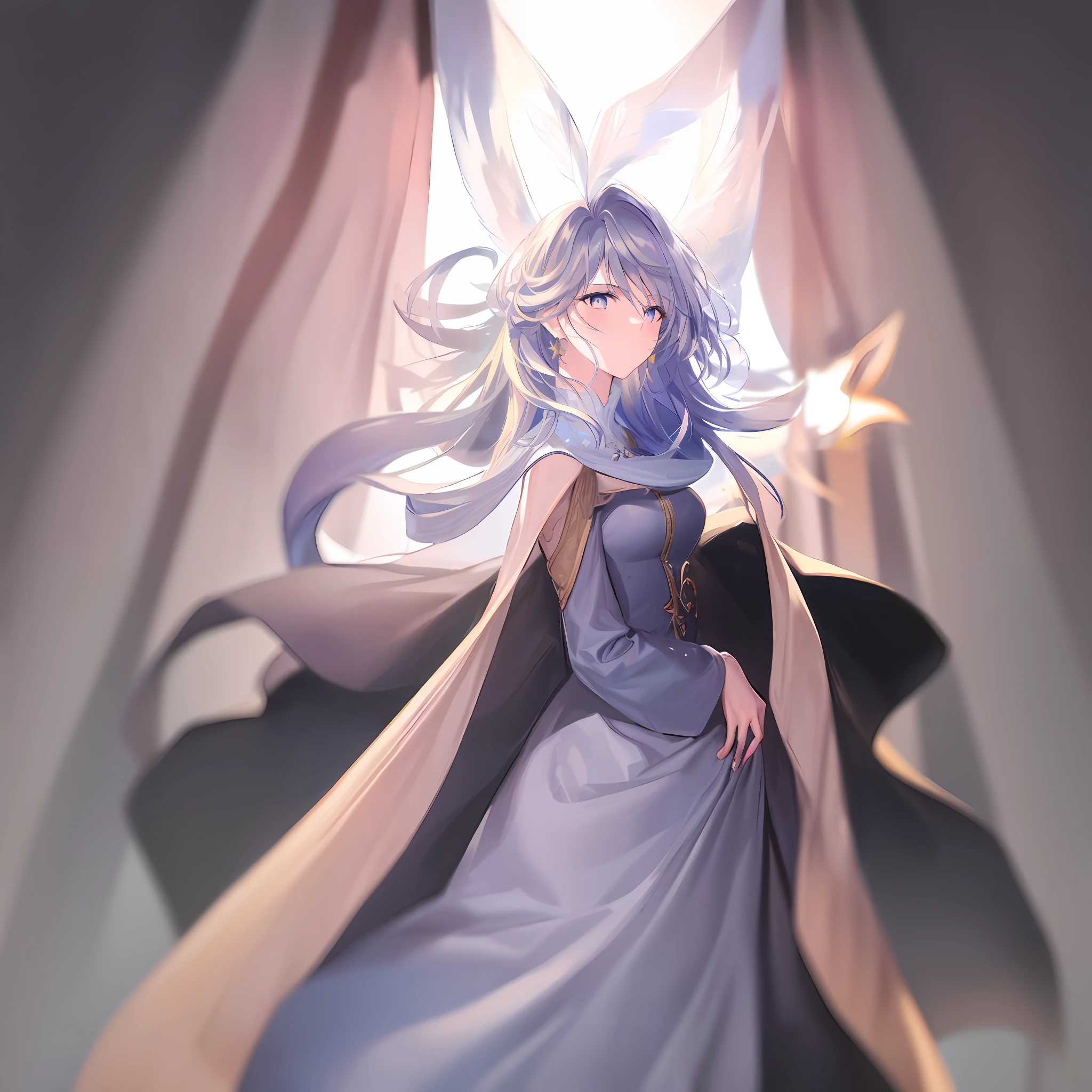 Silver gray long hair sky blue dress for girl, Detailed digital anime art, Portrait Chevaliers du Zodiaque Fille, white-haired god, detailed anime art, Ayaka Genshin impact, Soft anime illustration, Detailed key anime art, high detailed official artwork, ethereal anime, Anime art wallpaper 8 K, clean and meticulous anime art, a beautiful anime portrait, Detailed anime artwork,Standing in the ruins with a blade in hand,Hot figure