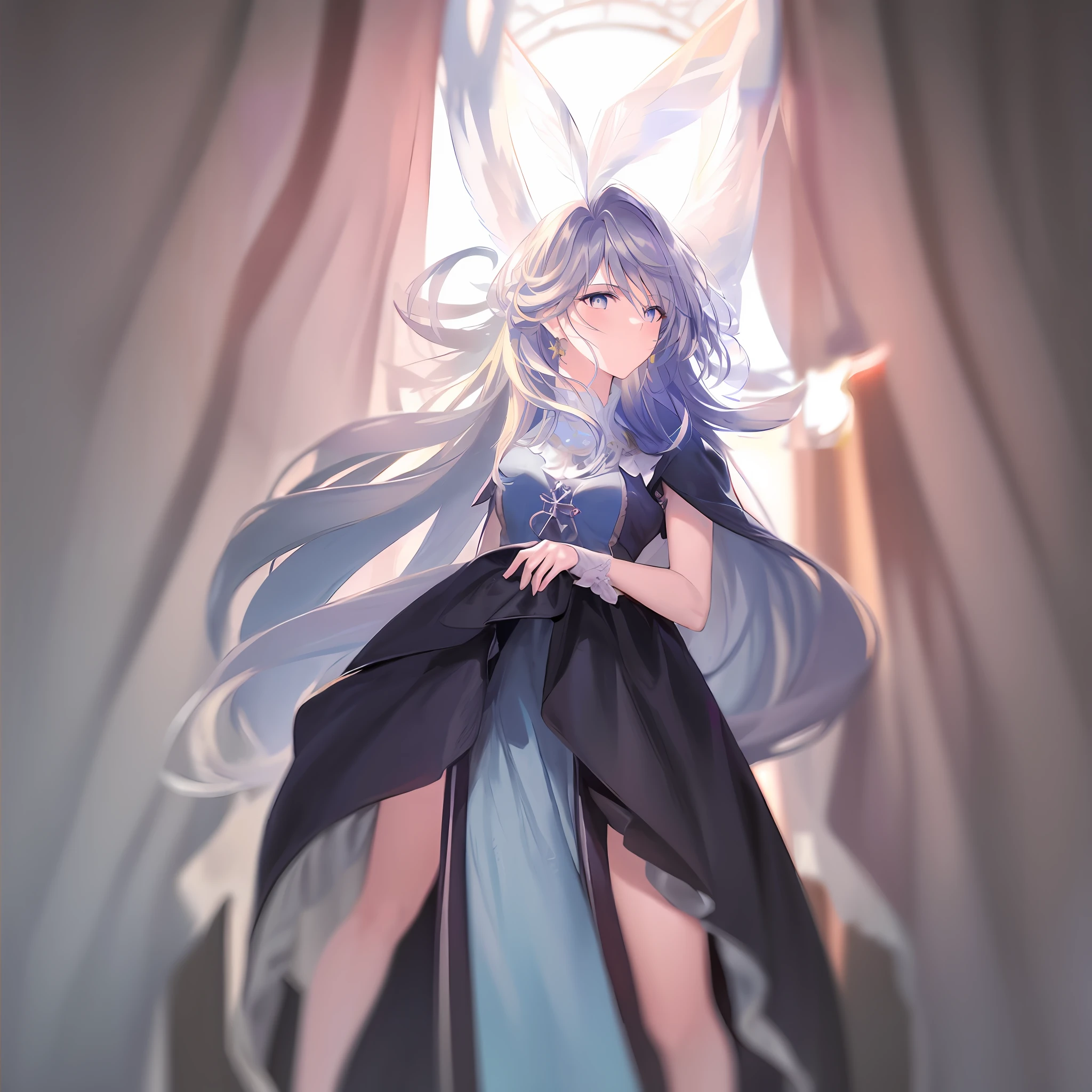 Silver gray long hair sky blue dress for girl, Detailed digital anime art, Portrait Chevaliers du Zodiaque Fille, white-haired god, detailed anime art, Ayaka Genshin impact, Soft anime illustration, Detailed key anime art, high detailed official artwork, ethereal anime, Anime art wallpaper 8 K, clean and meticulous anime art, a beautiful anime portrait, Detailed anime artwork,Standing in the ruins with a blade in hand,Hot figure