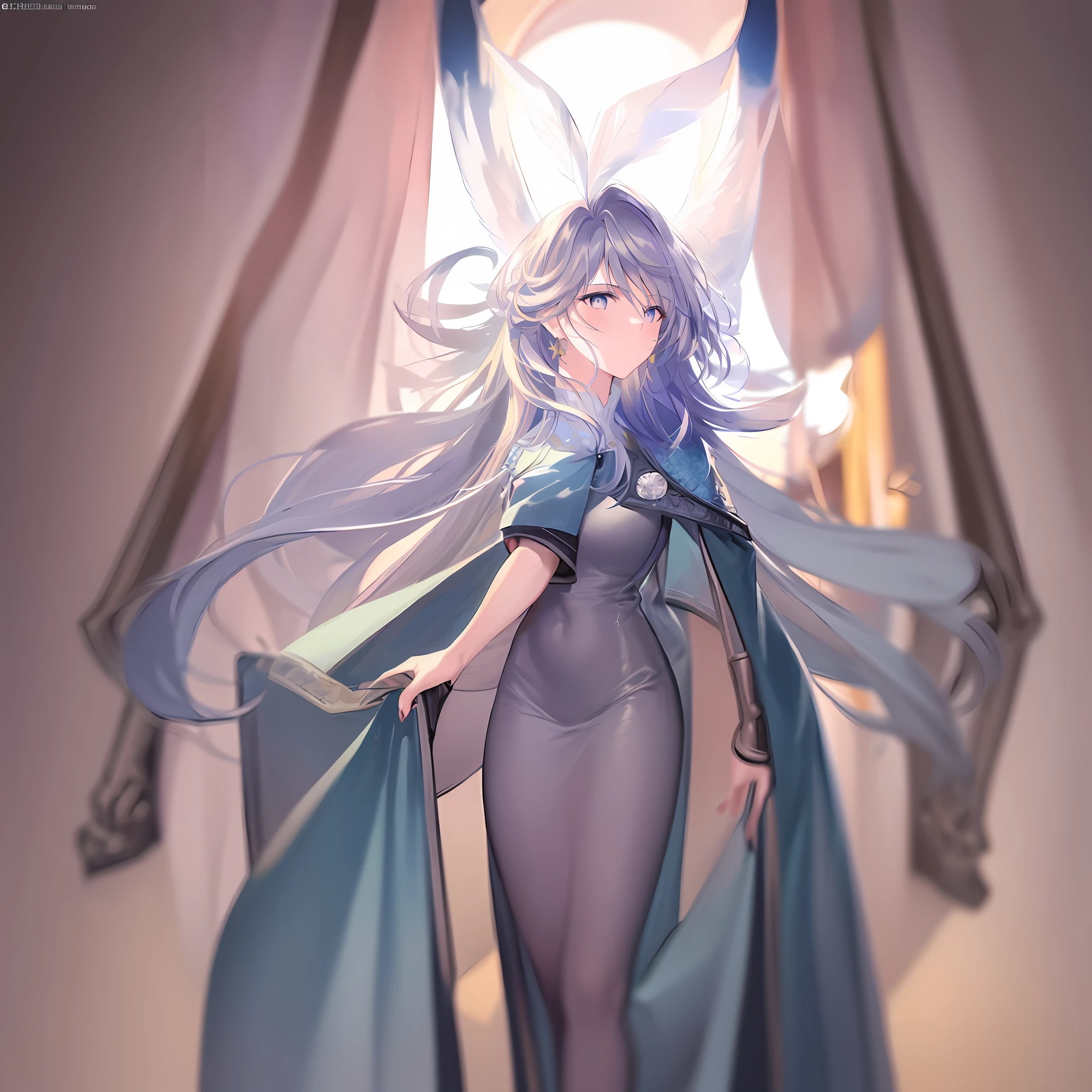 Silver gray long hair sky blue dress for girl, Detailed digital anime art, Portrait Chevaliers du Zodiaque Fille, white-haired god, detailed anime art, Ayaka Genshin impact, Soft anime illustration, Detailed key anime art, high detailed official artwork, ethereal anime, Anime art wallpaper 8 K, clean and meticulous anime art, a beautiful anime portrait, Detailed anime artwork,Standing in the ruins with a blade in hand,Hot figure
