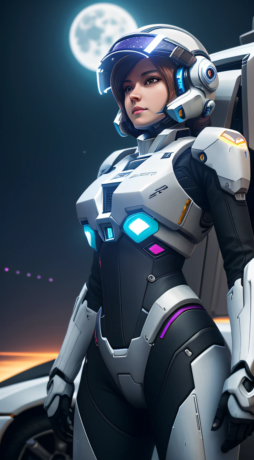 Close-up of a woman standing in a car before a full moon,With a mecha helmet，Highlight feminine characteristics, star citizen halo,, , star citizen, 《Overwatch》Sigma, ps5 cinematic screen capture, star citizen digital art，Mecha Sky --auto