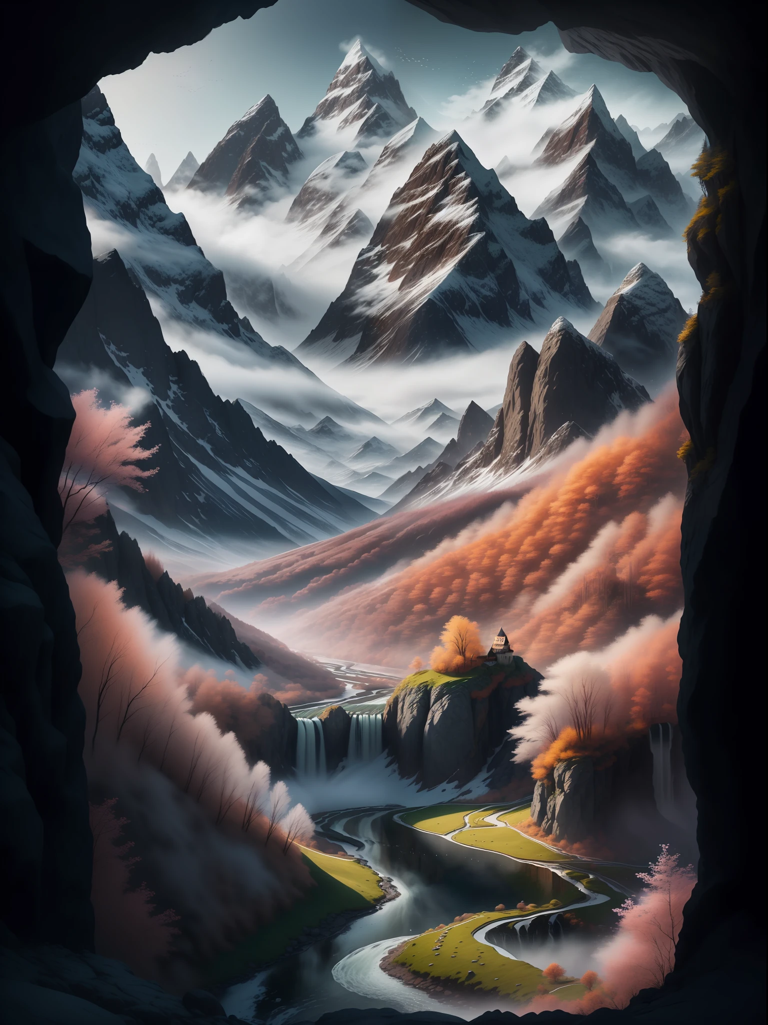 Exquisite scenes,depth of fields,8K,waterfallr,mountain peaks,steins,