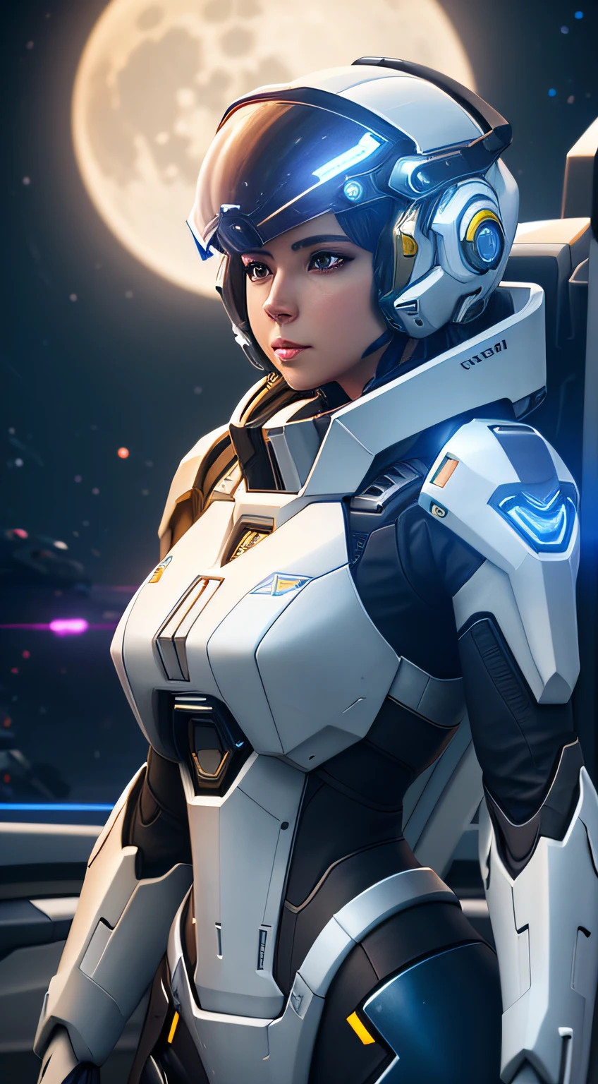 Close-up of a woman standing in a car before a full moon,With a mecha helmet,Highlight feminine characteristics, star citizen halo,, , star citizen, 《Overwatch》Sigma, ps5 cinematic screen capture, star citizen digital art,Mecha Sky --auto