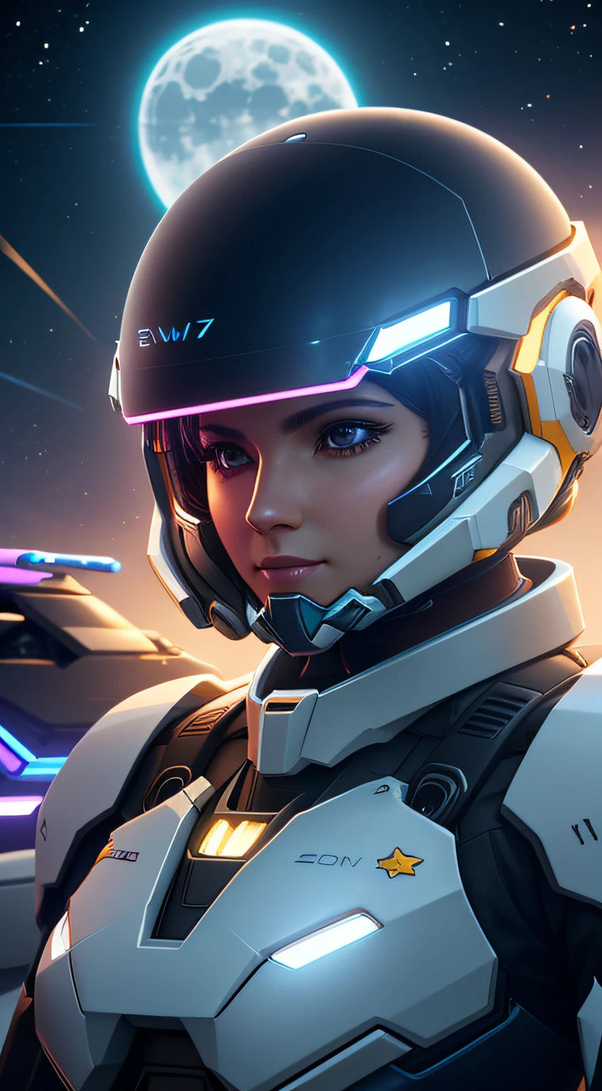 Close-up of a woman standing in a car before a full moon,With a mecha helmet,Highlight feminine characteristics, star citizen halo,, , star citizen, 《Overwatch》Sigma, ps5 cinematic screen capture, star citizen digital art,Mecha Sky --auto