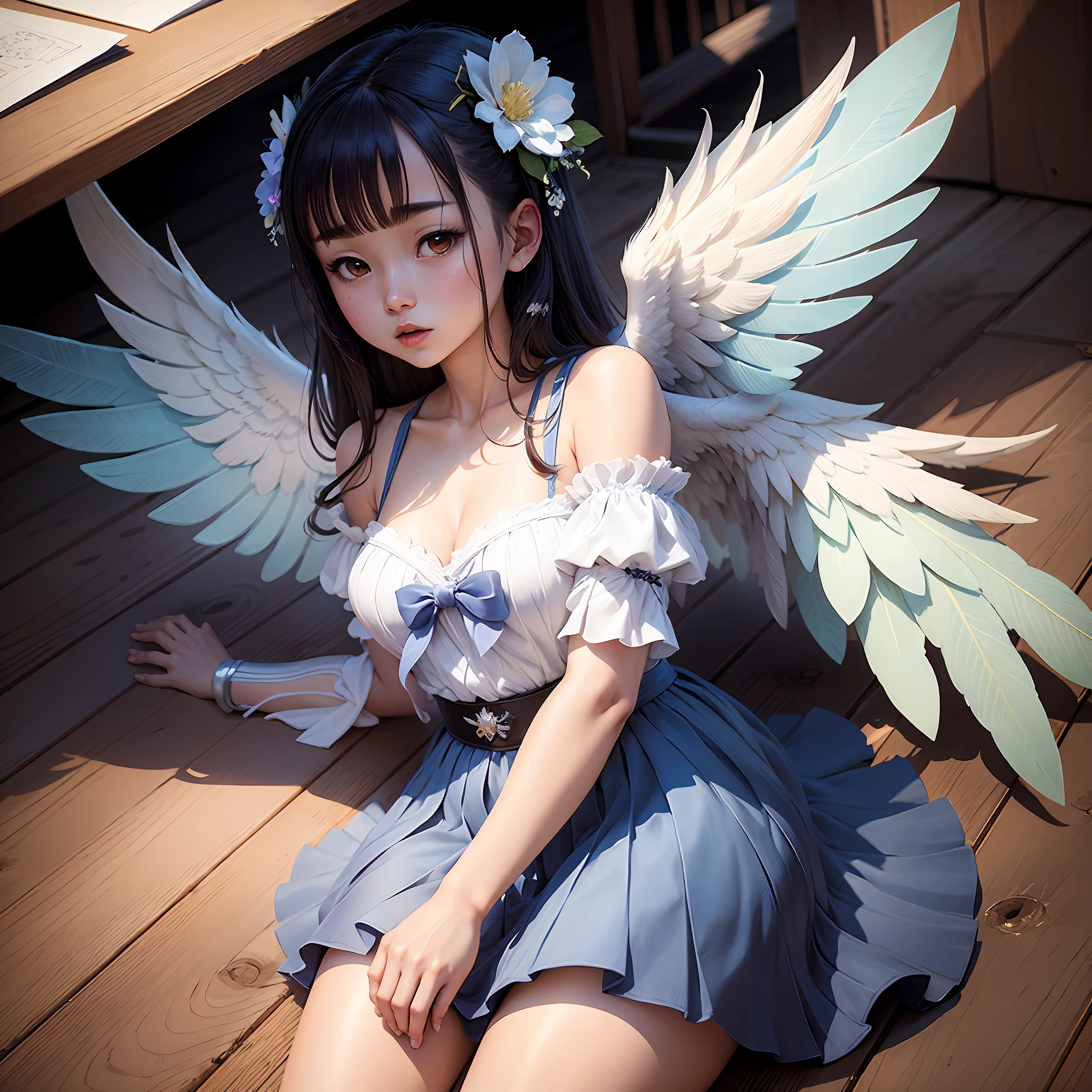 Anime girl in blue dress with white wings and flowers, trending on artstation pixiv, Keqing from Genshin Impact, Pisif Contest Champion, Pisif, Anime goddess, Hip-wrapped skirt,Digital art on Pisif , Official artwork, Highest rated on Pisif, author:Shitao, at pixiv, offcial art, Pisif style, Anime art wallpaper 8 K --auto