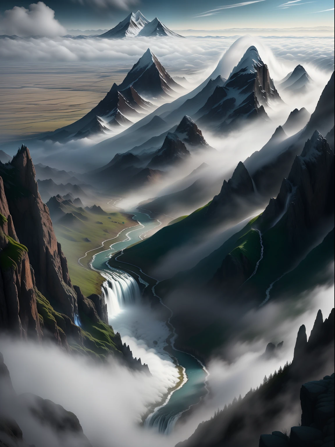Exquisite scenes，depth of fields，8K，A waterfall cascades down from the top of the mountain，rapidly，fast，water fog，fog atmosphere，Peaks on both sides，