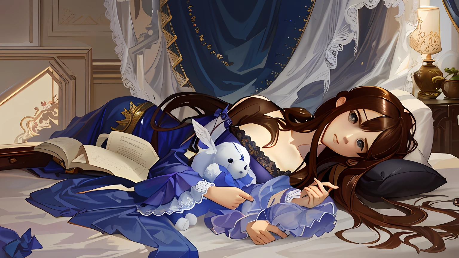 there is a woman that is laying down on a bed,Holding a teddy bear in his hand, by Cynthia Sheppard, Realistic fantasy illustration, inspirado em Cynthia Sheppard, realistic fantasy painting, realistic fantasy rendering, hyperrealistic fantasy art, Loish et WLOP, wlop and andrei riabovitchev, magali villeneuve', by Galen Dara, intricate wlop, heather theurer