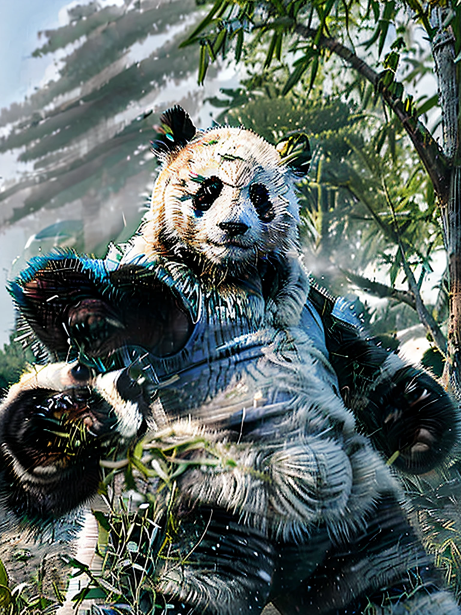 Masterpiece, Best quality, Simple background,
1panda, Cowboy shot, Dynamic pose,
 Panda, Panda_TM, 
 wearing crNanosuit,Chunxi Road，Blue and white porcelain rack，Armed with an AK rifle，Cross the line of fire，counter strike