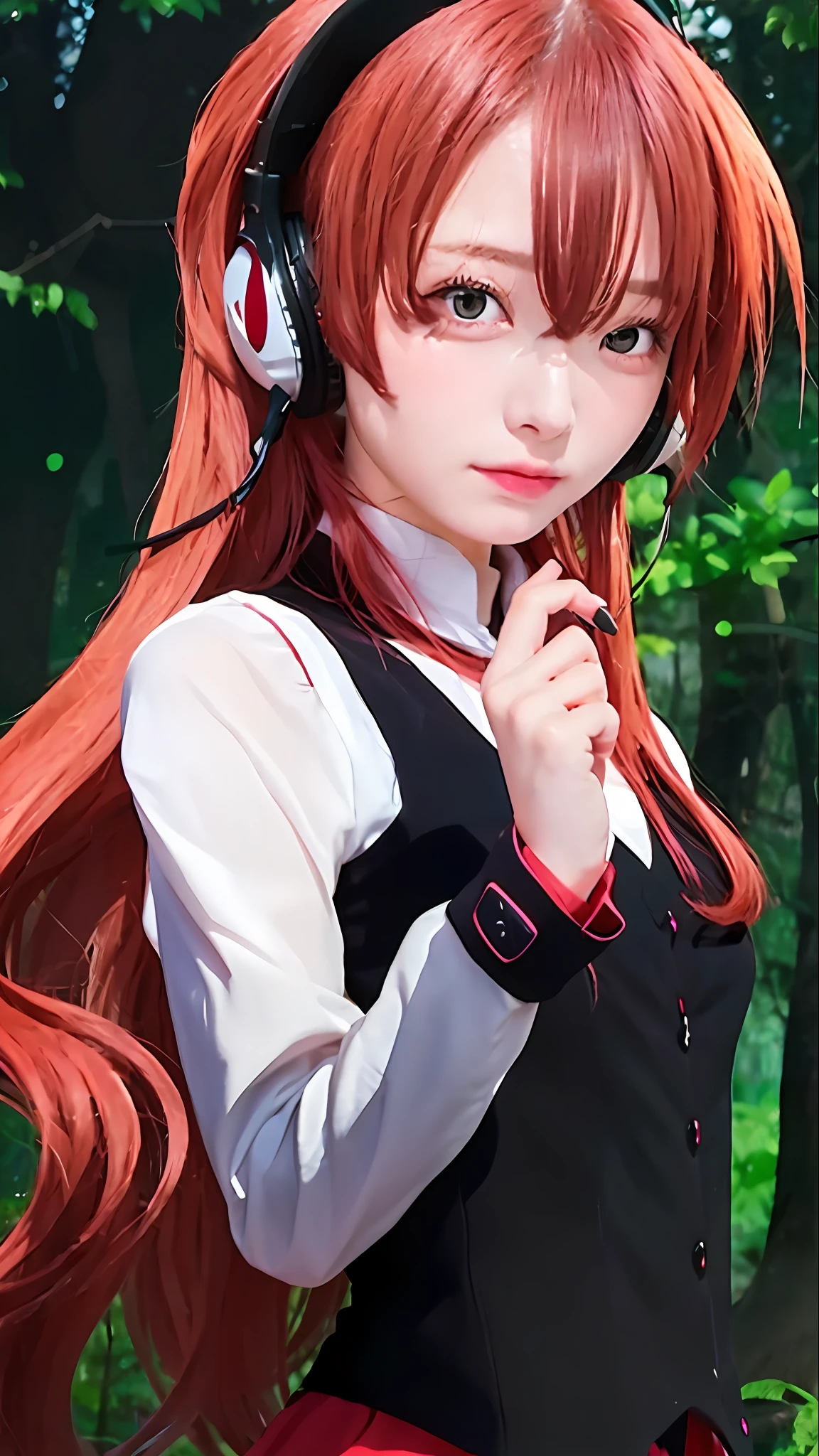 anime girl with long red hair and headphones in a forest, close up iwakura lain, rias gremory, highschool dxd, close up of iwakura lain, anya from spy x family, iwakura lain, today's featured anime still, anime girl named lucy, official artwork, va-11 hall-a, anime moe artstyle, 1girl, realistic, ultra detail, photography,