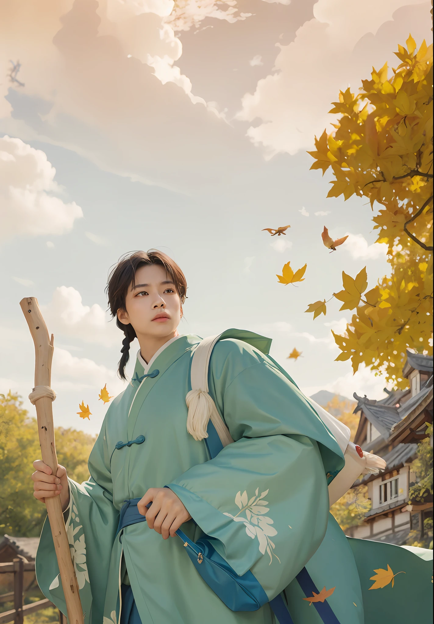 Chinese Ancient Times, autumnal, A man carries a bag on his shoulder,With a stick, Trees and ancient houses in the background, Beautiful and aesthetic hyper-realistic style, detailed meticulous,beautiful with detail,realisticlying, hdr, highly detailed, 8K, RAW photogr,naturey,Harmonious composition,a warm color palette,fine art photography