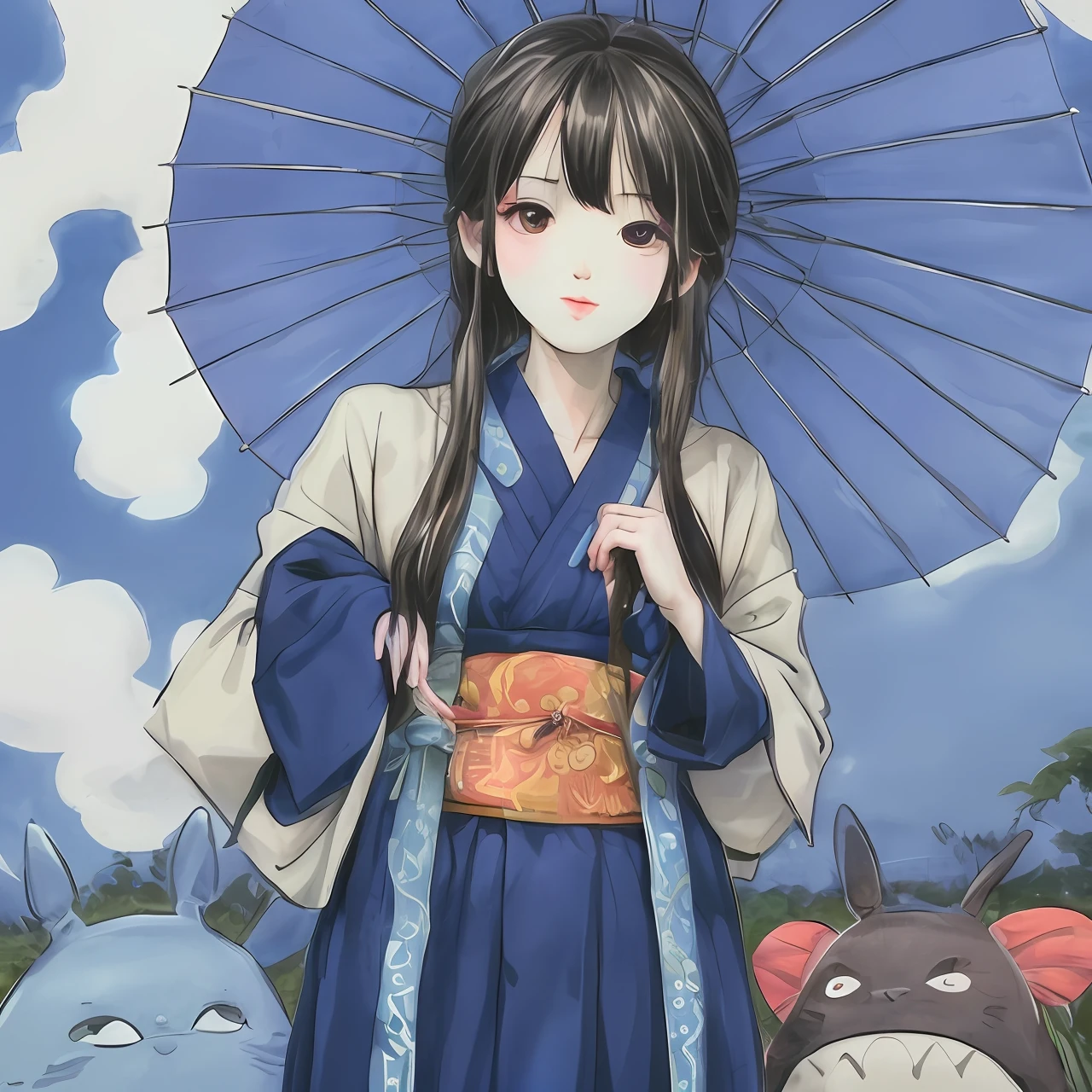 Japanese style manga，Totoro mom and dad baby，An umbrella