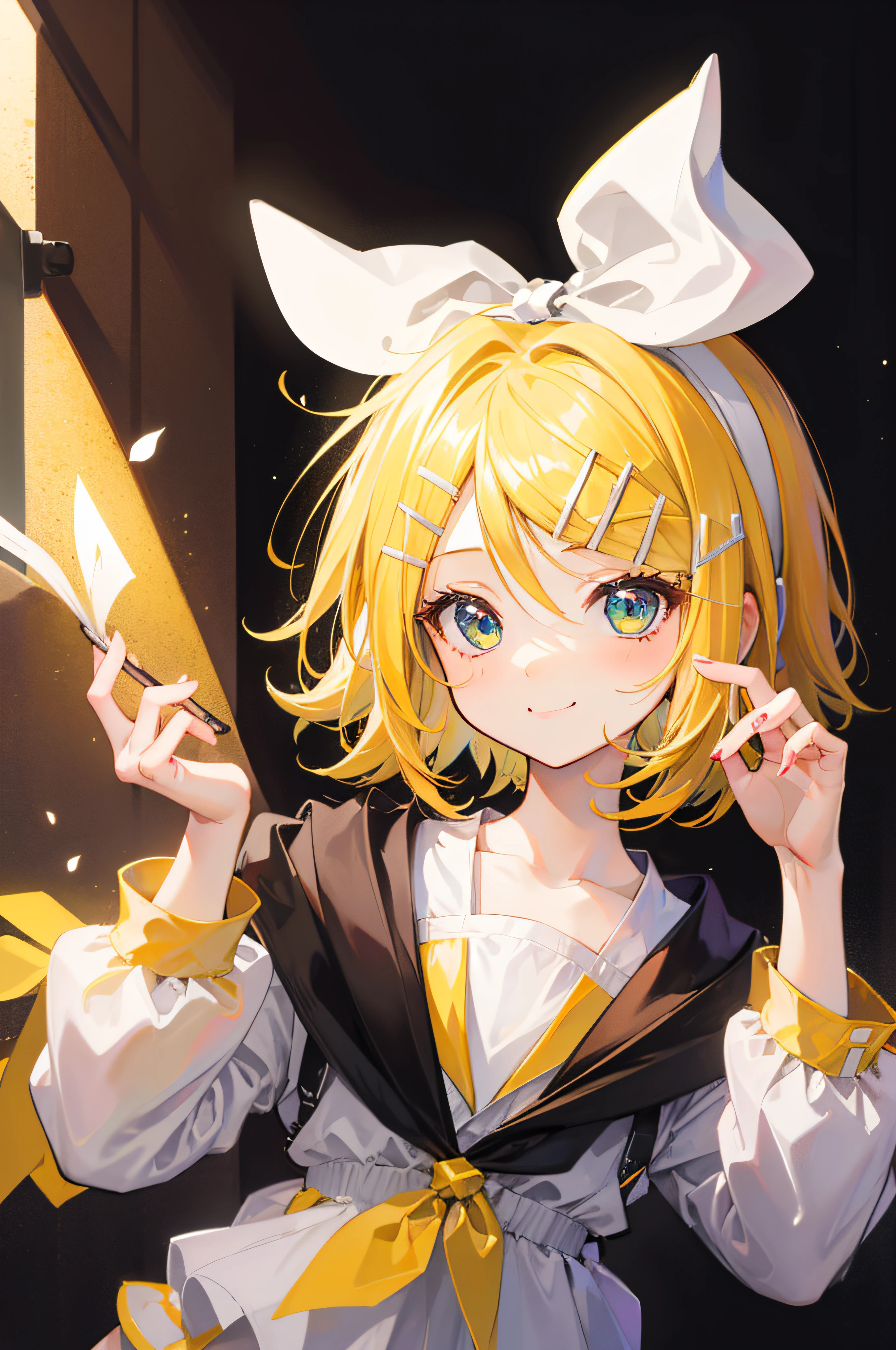 best quality, ultra precision, one girl, (Rin_Kagamine), blond hair, cute, smiles, short hair