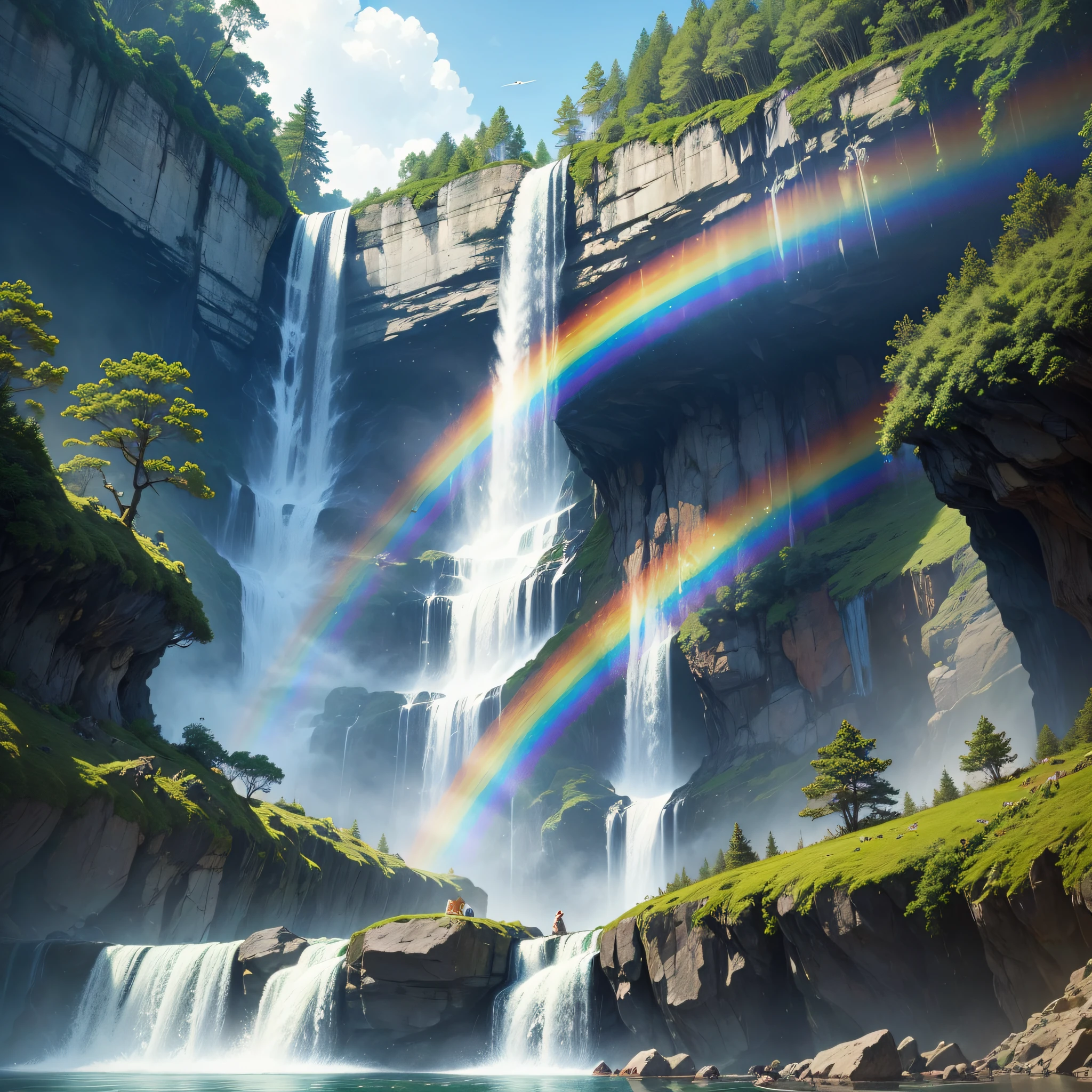There is a forest next to the waterfall,There is a rainbow on the waterfall,There are several small birds on it --auto