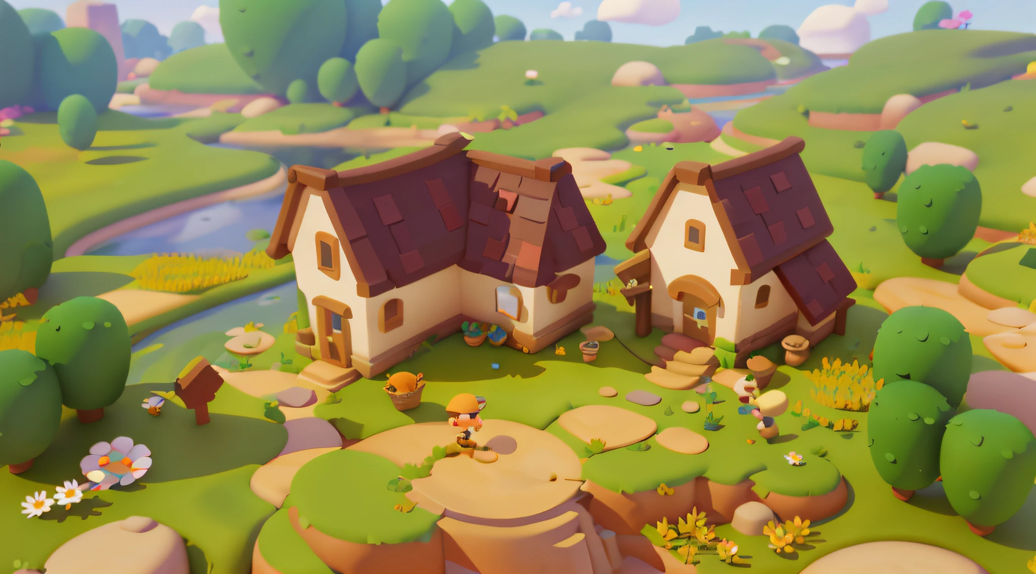 Game architectural design, cartoon, town, stone, brick, meadow, river, flowers, casual game style, 3d, blender, masterpiece, super detail, best quality