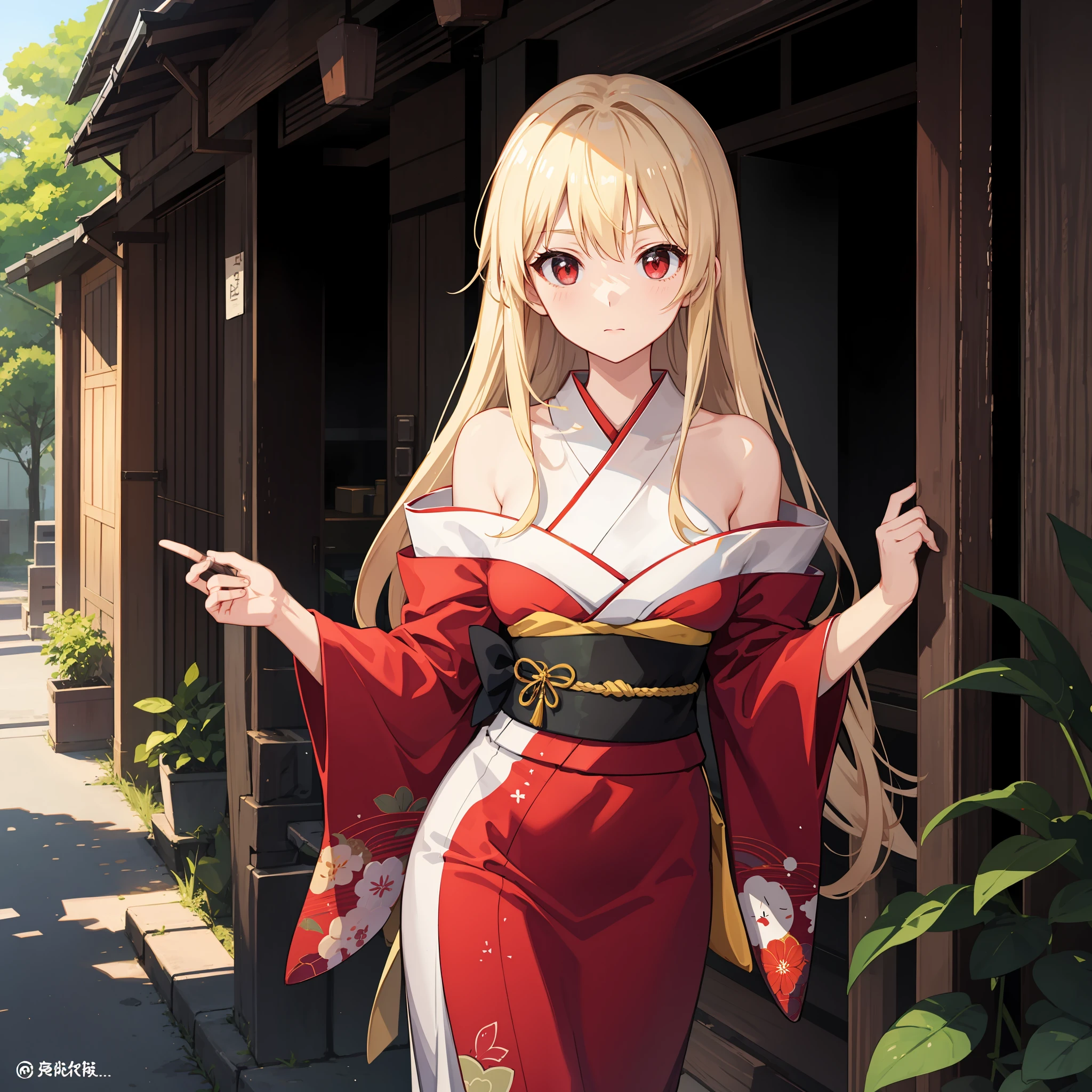 animesque、One blonde girl with red eyes、Kimono、off shoulders、the woods