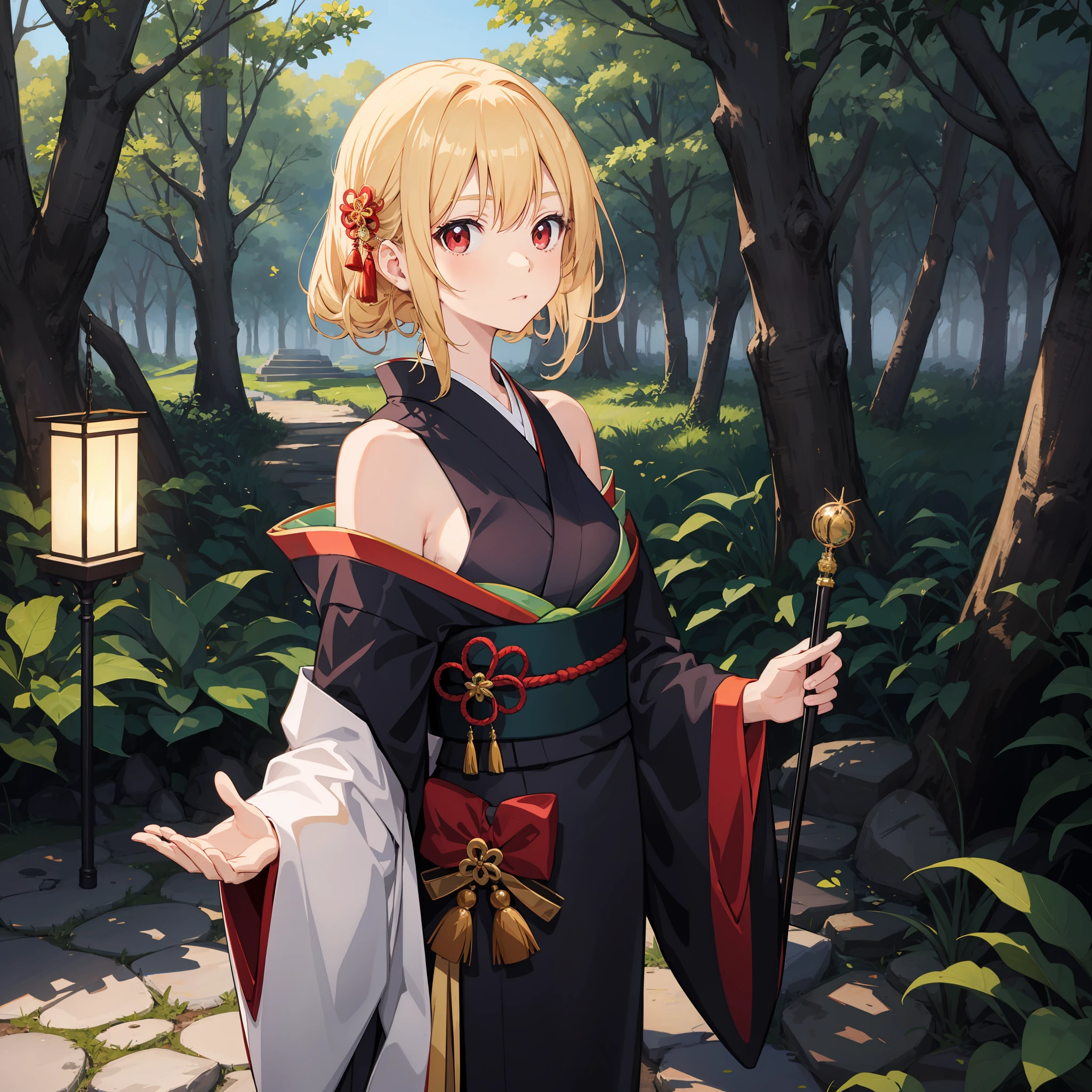 animesque、One blonde girl with red eyes、Kimono、off shoulders、the woods