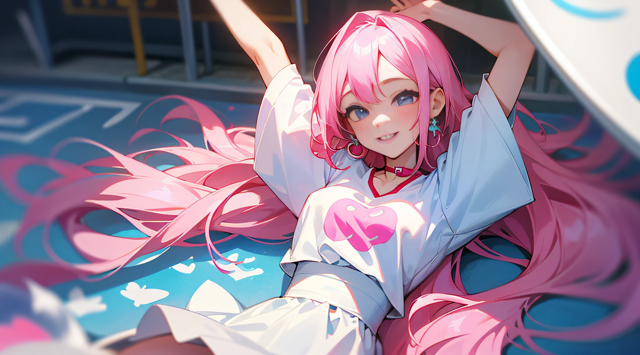 Kizi,Long hair,White dress,Lying on the playground,Pink hair,Open your hands,Smiling face,There is a lipstick print on the neck。There was a boy next to him,Put your arms around the girl,The boy wears a blue shirt,Silver hair,Smiling face --auto