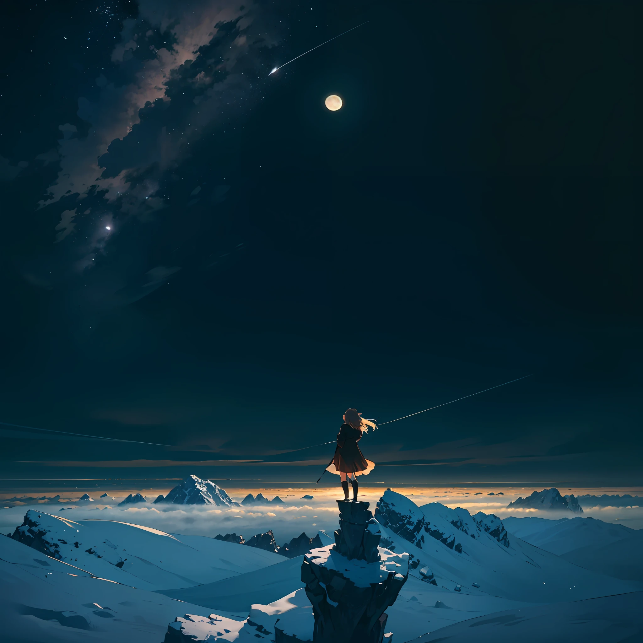 Vast landscape pictures，the night，Moon，Gradient sky，A girl looks up at the sky below the picture --auto