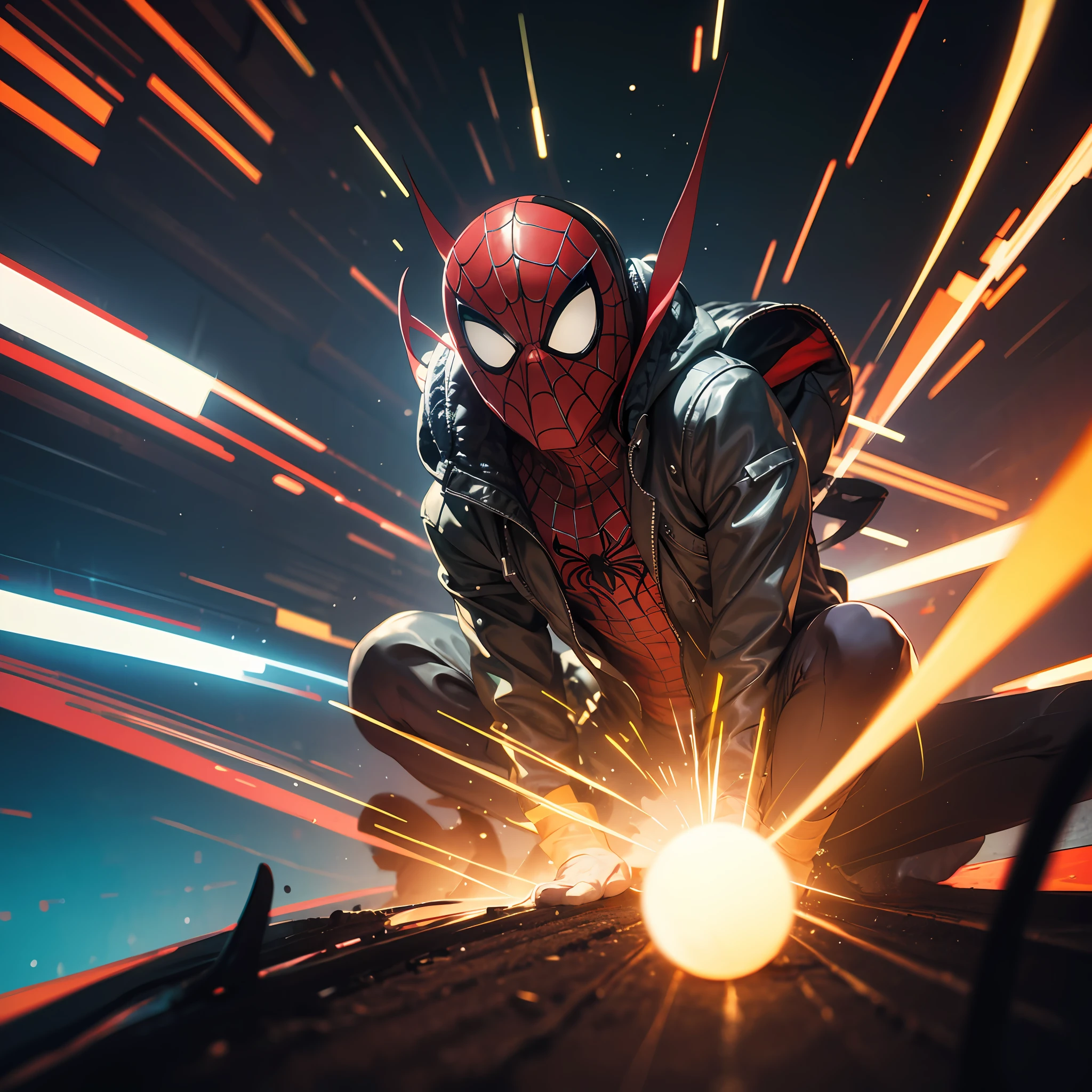 Spidey, Red and black suits, Manteau, 黑The eye, Surrealism, Suprematism, Abstractionism, anime style, image fill, motion lines, vignetting, silhouette, speed lines, scanlines, anaglyph, motion blur, cinematic lighting, Cthulhu, 8k, super detail, textured skin, high details, high quality, highres, retina, masterpiece, award winning --auto