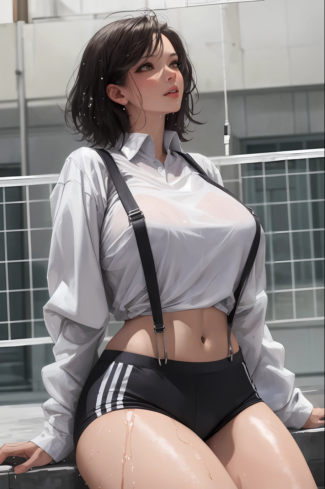 Masterpiece:1.2, Best quality), Realistic, (Real picture, Intricate details, Depth of field), (1girll, Solo), make up, parted lip, highly detailed, Perfect face,
(Huge breasts:1.4), (skin indentation), Thick thighs, Wide hips, Small waist, Tall, glossy coral lips,
Gray hair, Black eyes, Medium short hair,
(A girl playing volleyball, black long sleeves,White suspenders), (full of sweat:1.2), (Wet), Sexy, Blushing,