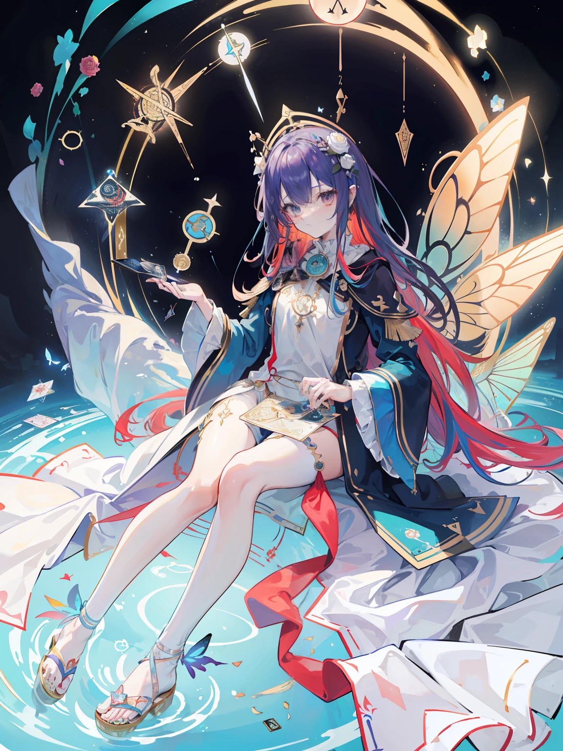 (Golden Ratio: 1.2),(Rose Graffiti:1.2),(Fault Color:1.3),[(White:1.4)::10],(Full-body:1.2),(Ultra Detail:1.3),(Tarot:1.6),(Magician:1.6),(Magician: Tarot): 1.6), (Paper: 1.2), (Fairy: 1.6), (Fairy Wings: 1.2), Full body, standing in the air, (Cool: 1.2), (Red Long Hair),(Butterfly Hair Ornament),( Floral Hair Ornament: 1.0),((Sandals,Rocket)),(Colorful Cocktail Long Dress:1.0)+ (Loose Sleeve Coat:1.3)+(Floating Colorful Tassel and Ribbon: 1.2),(White Stockings: 1.2),(Multicolored Ink Paper Flowers Growing on Face:1.2),(Colorful Flower Sea:1.3),(Chaotic Geometric Image:1.3 ), (Negative space: 0.8), (Drawing board: 1.3), (Ether Colorful Ink Flow: 1.3)