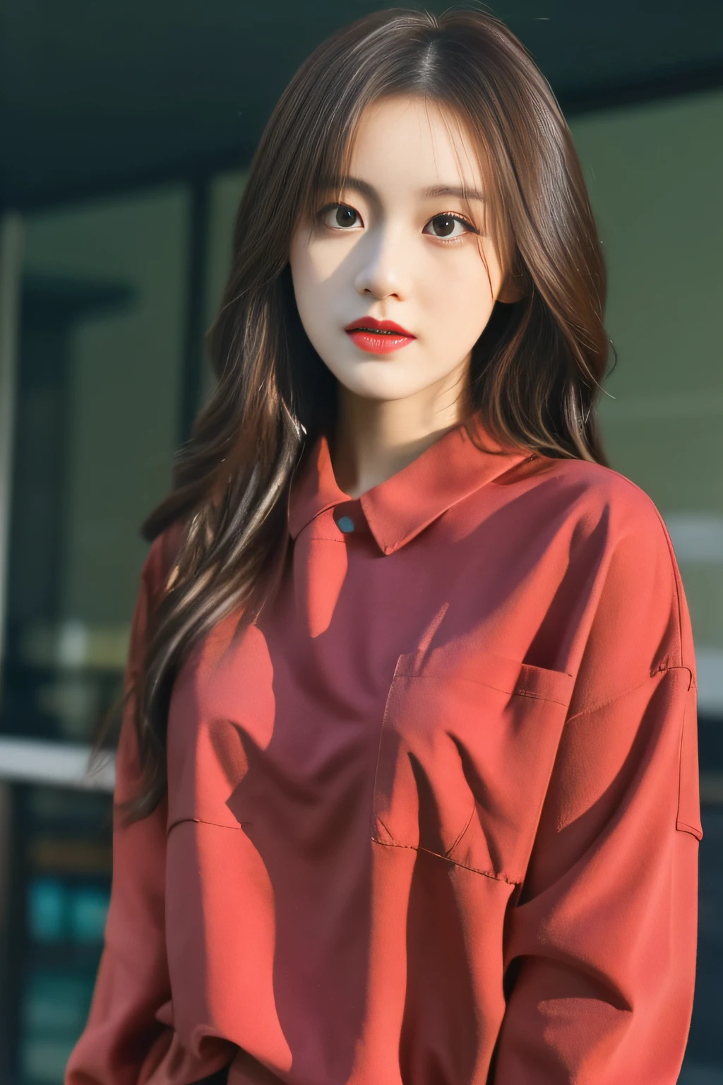 "Best quality, masterpiece, super high resolution, original photo, beautiful beauty, deep shadows, dark theme, realistic: 1.4, a girl with long hair, (red shirt 1.2), small face, perfect waist-hip ratio facing the camera.