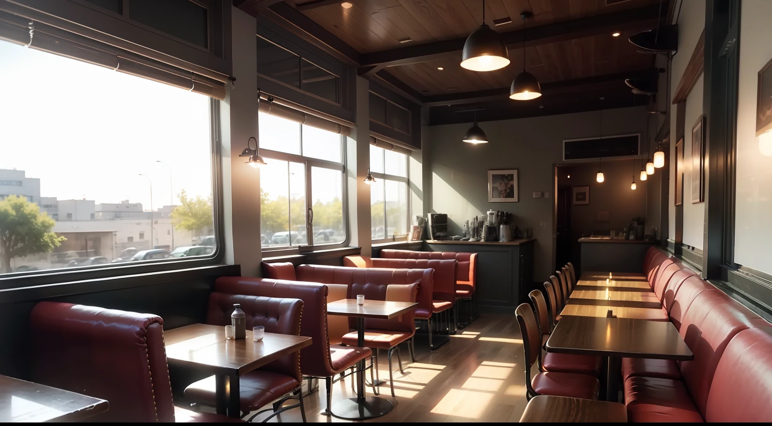 Inside the café, the café environment is gentle, the lighting is warm, and the anime background is not too complicated
