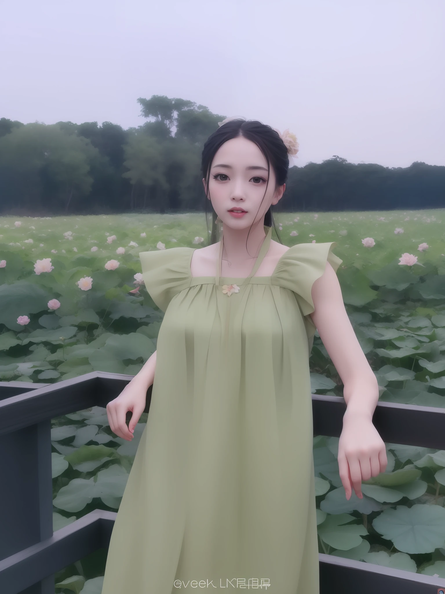 ((4k,masterpiece,best quality)), shuimobysim, Traditional chinese painting, lotuses, Hanfu, maxiskit, Dress conservatively 1girl, solo, long whitr hair, ssmile, standing on your feet,,