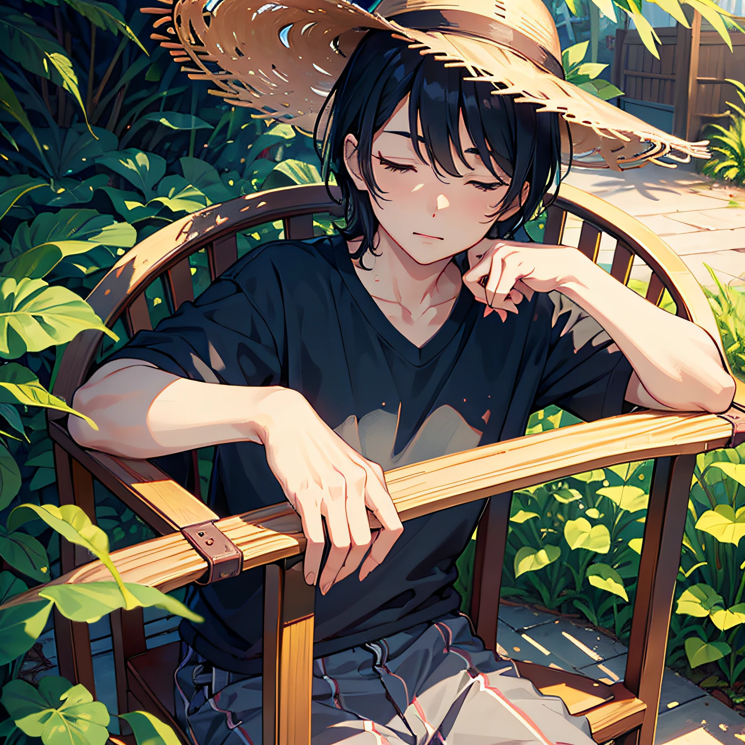 tmasterpiece，best qualtiy，（1人：1.3），One guy，50yearsold，Rattan chair，Warm sun，Close your eyes slightly，Tano --auto