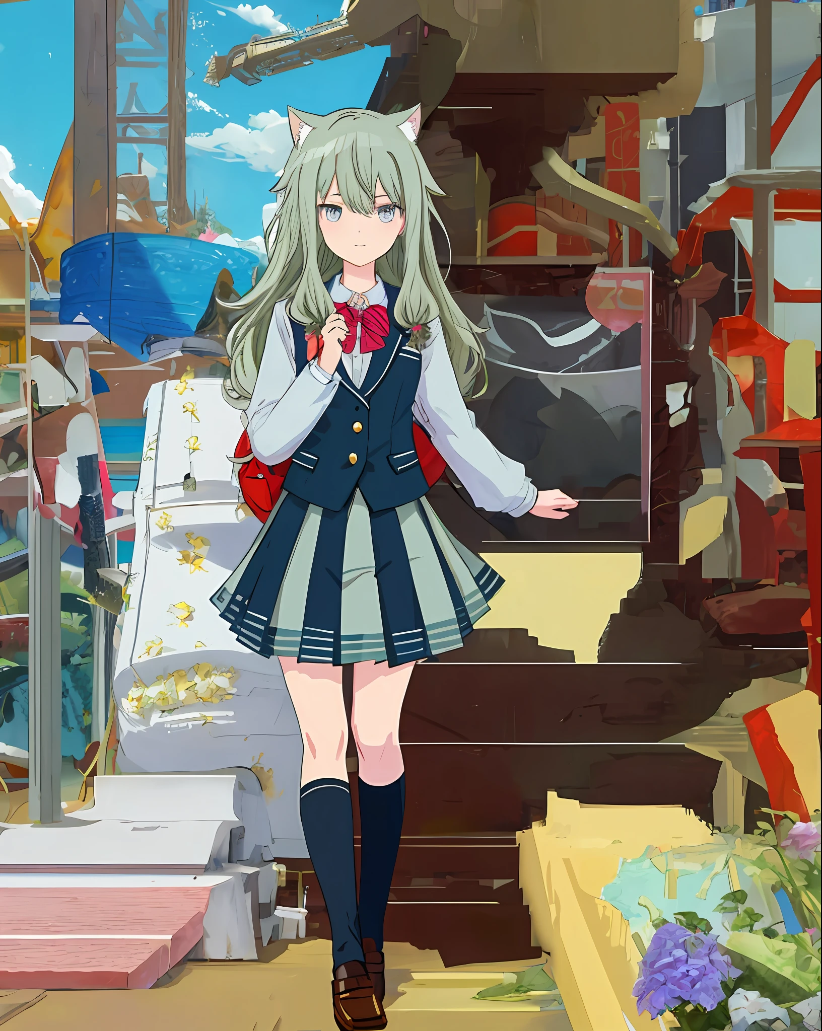 cat ear,tmasterpiece, Best quality at best, 1girll, Pskone, Plan Shikai, School Uniform, rays of sunshine, blooms