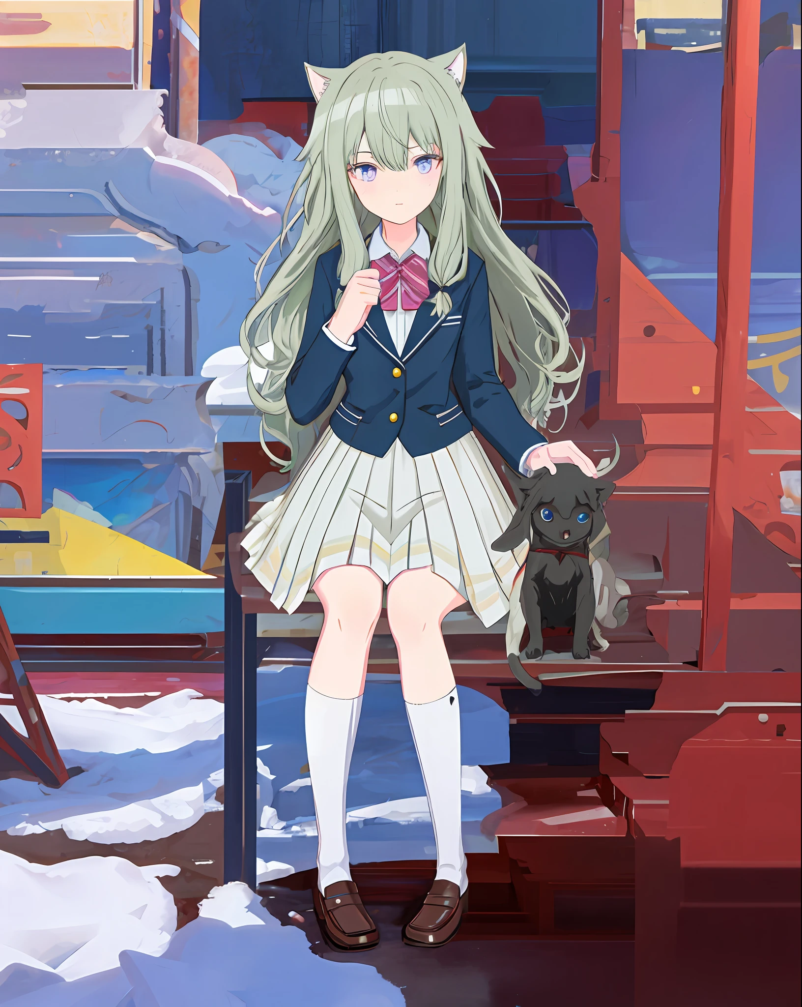 cat ear,tmasterpiece, Best quality at best, 1girll, Pskone, Plan Shikai, School Uniform, rays of sunshine, blooms