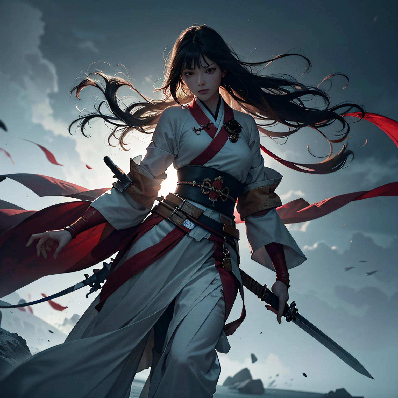 RAW Photo, 4k, Realistic, Delicate and Meticulous Skin), Masterpiece, Best Quality, Official Art, Unity 8k Wallpaper, Ultra Detailed, (Dark Scene, Low Key, Soft Light), Cinematic Look, High Saturation, Best Anatomy, Volume Mist, Samurai Girl, Slim Body, Full Body, 1 Girl, Weapon, Sword, Long Hair, Brunet, Hold, Solo, Hold Weapon, Blood, Sword Grip, Armguard, Simple Background, Blood on Weapon, Looking at the Audience, Black Eyes, Cloth, Floating Hair, Hanfu, Dragon --auto