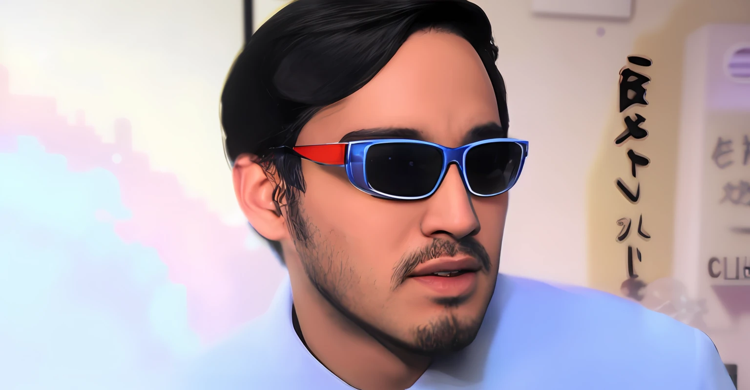 there is a man wearing sunglasses and a tie with a red and blue tie, markiplier, 3 d render of jerma 9 8 5, futurisitc sunglasses, looks like jerma985, futuristic ar glasses, bryce 3 d style, wearing blue sunglasses, neo vaporwave, implanted sunglasses, vaporwave cartoon, (((luke chueh)))
