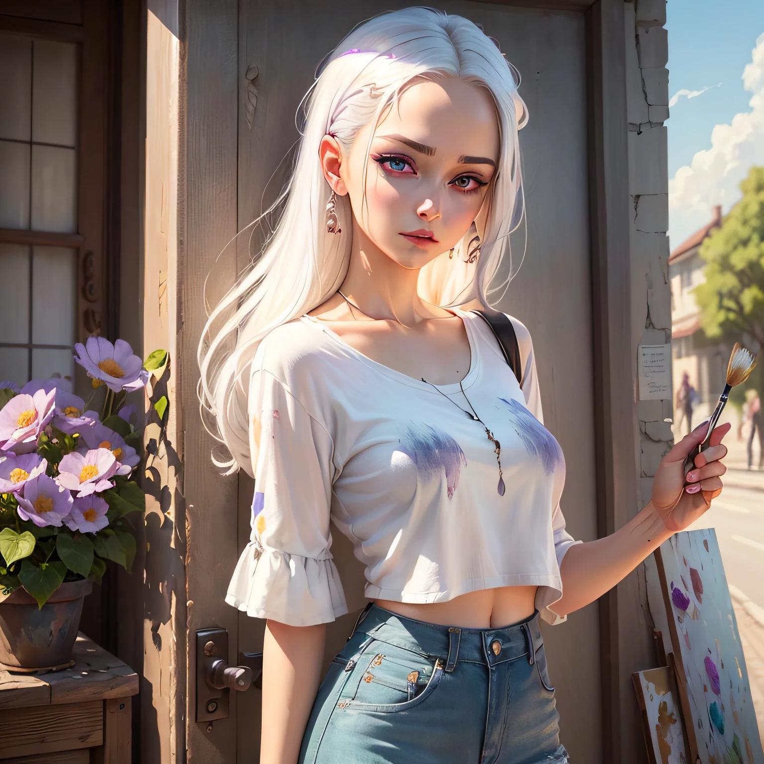 (Realistic and realistic paintings, 1girl,White hair,Purple eye,Eyes that shine,Wear it with cropped tops and skirts,The feeling of parting lips and blushing,Bright flowers in the evening,The sun under warm sunlight) --auto
